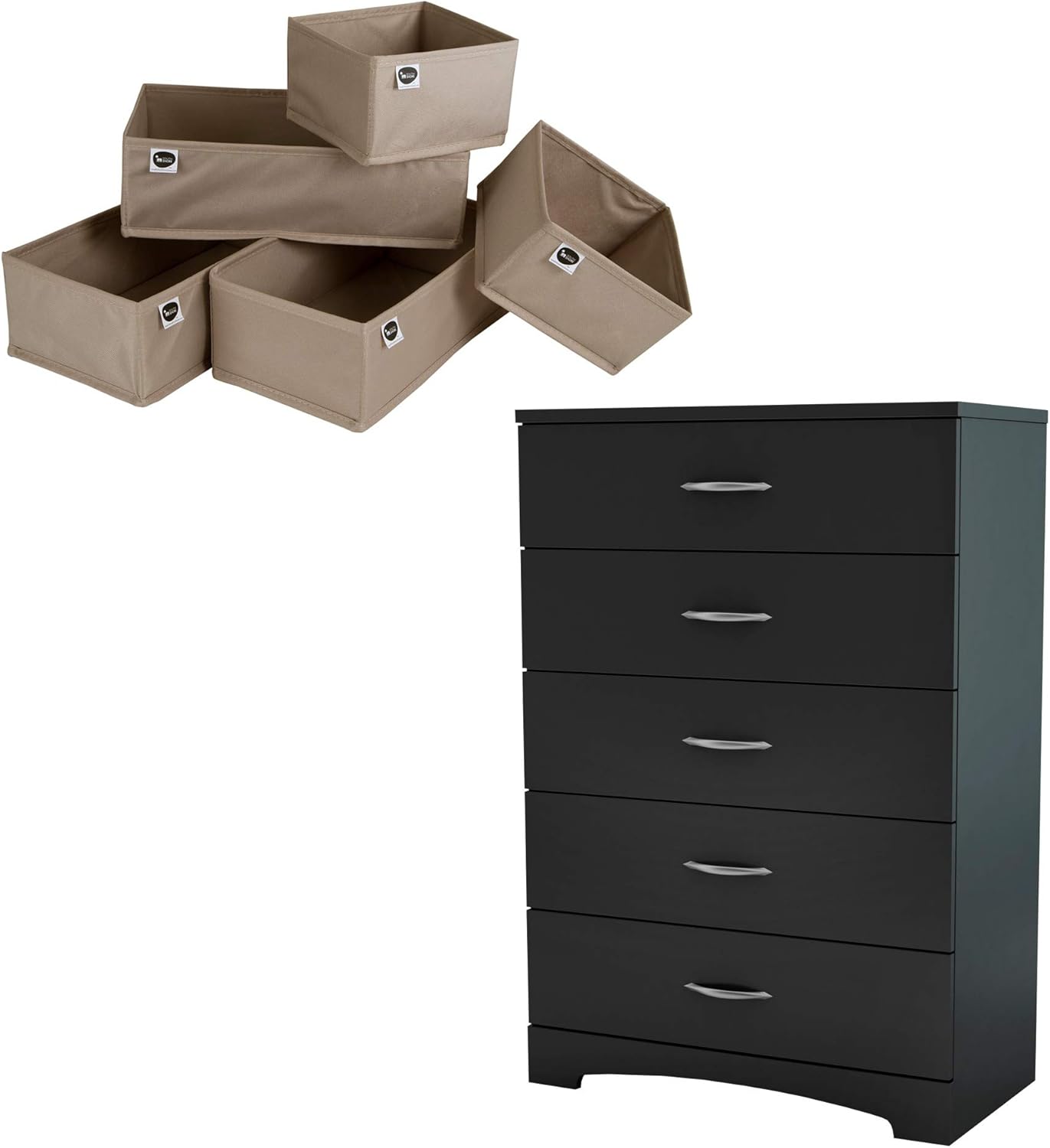 South Shore Step One Chest & 5-Piece Drawer Organizers-Pure Black and Beige