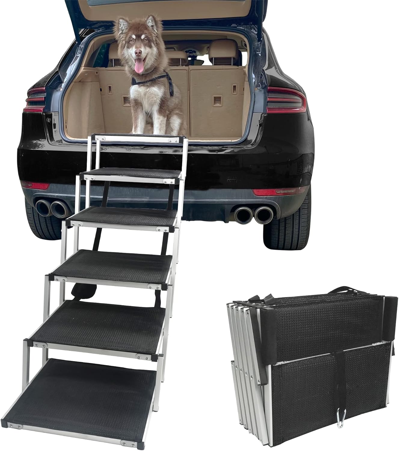 petshug Aluminum Sturdy Pet Stairs for Large Dogs, Folding Lightweight Dog Steps with Increased Nonslip Surface for Trucks, Cars, SUV and High Beds, Portable Ladder Ramp Supports Up to 200 Lbs