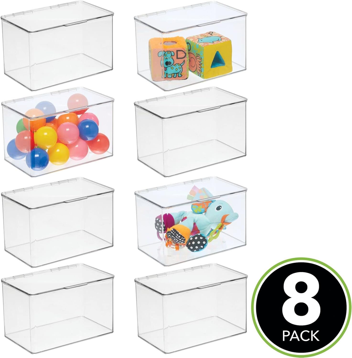 mDesign Plastic Stackable Tall/Deep Rectangular Storage Bin, Drawer or Cabinet Organizer with Lid, Container Box for Organizing Art Puzzles, Crayons, Pens, Pencils, Other Organization, 8 Pack - Clear