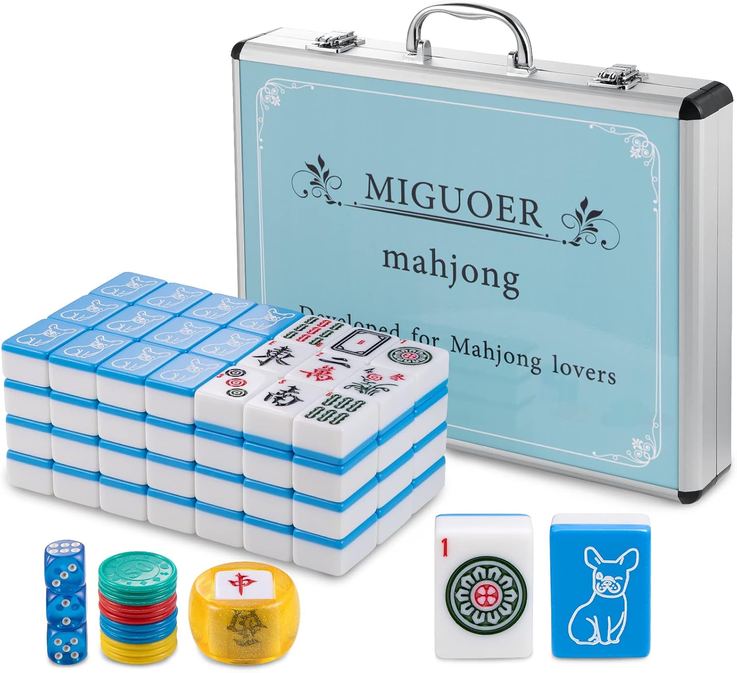 Chinese Mahjong Set with 144 Tiles|Patterned on The Back|with Arabic Numerals|with Wind Indicator, dice and Chips,Weighs About 15 pounds