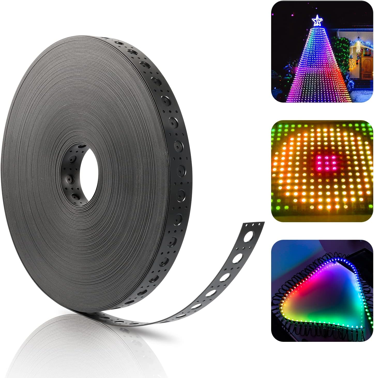 321 Lights Black Mounting Strip for 12mm RGB Pixel Node, 50meter/Roll and 1 inch(25mm) Hole Spacing, Perforated Mounting Strip of 30mm Wide, 1.6mm Thick, Heavy Duty Plastic Strips