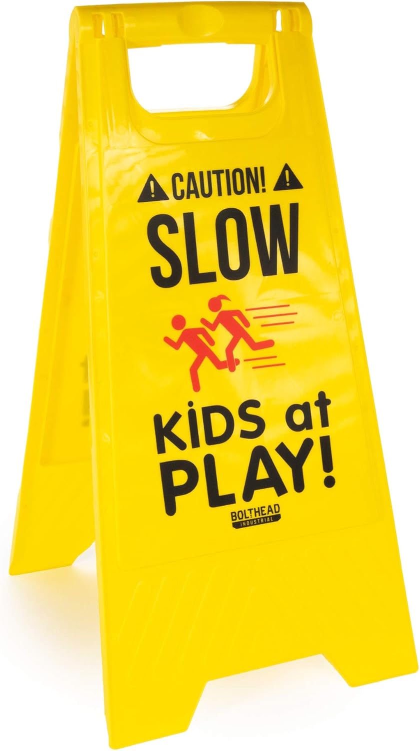 4-pack of Caution! Slow Kids at Play! Child Safety & Slow Down Signs – Double-Sided, Fold-Out Road & Yard Signs for Neighborhoods, Schools, Day Cares, Park & Home Use for Street, Sidewalk, & Driveway Pack of 2