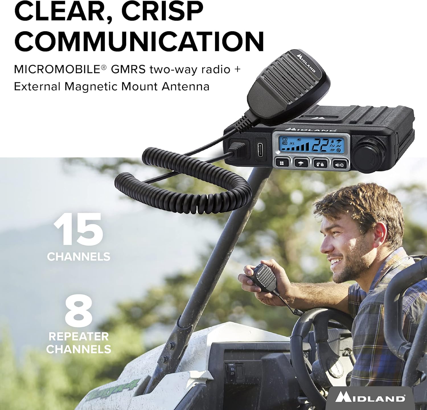 Midland - MXT115, 15 Watt GMRS MicroMobile Two-Way Radio - 8 Repeater Channels, 142 Privacy Codes, NOAA Weather Scan + Alert & External Magnetic Mount Antenna (Single Pack) (Black)
