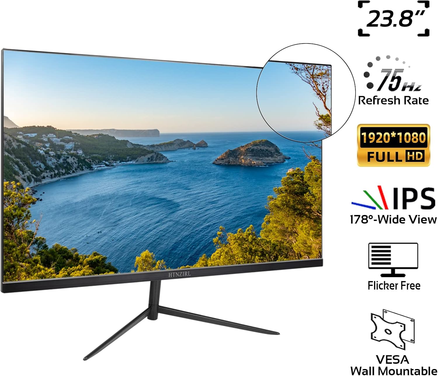 HTNZIRL 23.8 Inch Computer Monitor, 75Hz PC Monitor, Frameless FHD (1920 x 1080) IPS Monitor with HDMI VGA Port, Build-in Speakers, VESA Mounting, 3ms, Black