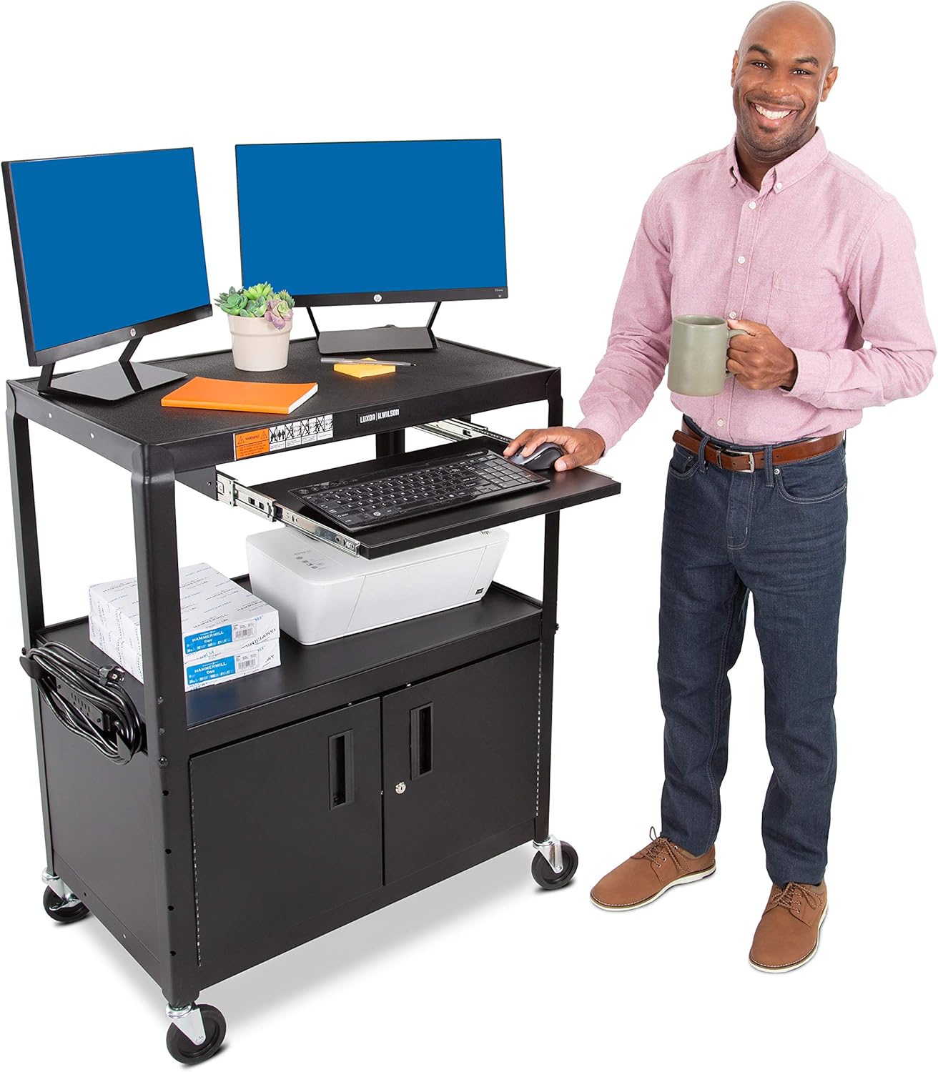 Line Leader Extra Wide AV Cart with Locking Cabinet | Height Adjustable Utility Cart | Includes Pullout Keyboard Tray and Cord Management | Easy to Assemble! (42 x 32 x 20 / Black)