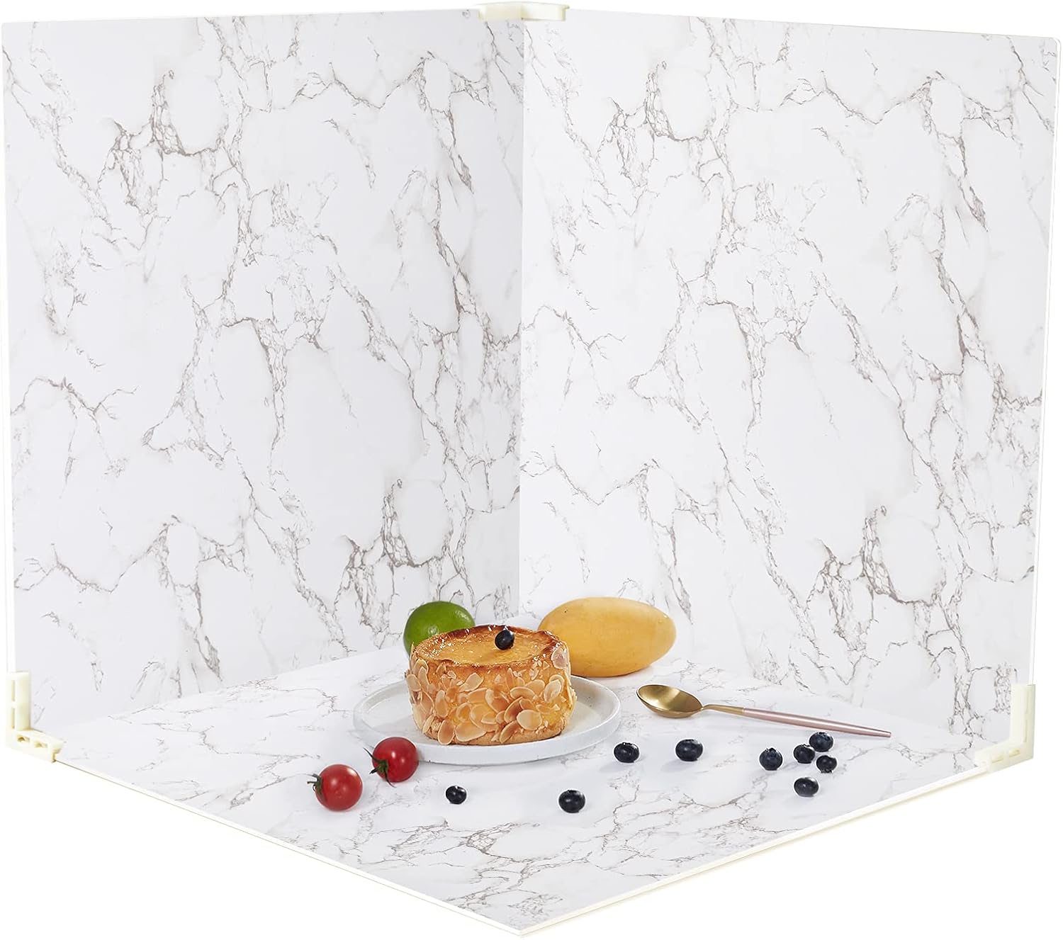 BEIYANG 2 Marble 24x24in Photography Backdrop Boards with 2 PCS Bracket for Flat Lay or Food Photography Background Marble and White Backdrop Photo Table Backdrop Pack of 2