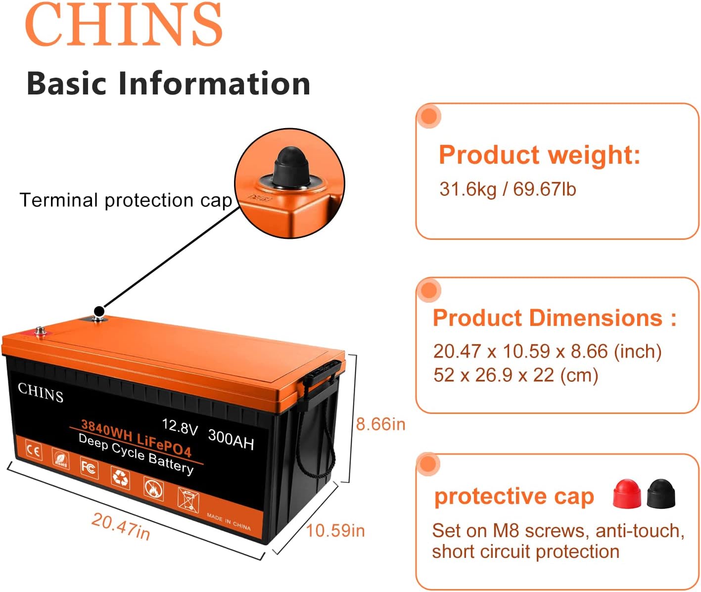 CHINS LiFePO4 Battery 12V 300Ah Lithium Battery - Built-in 200A BMS, Perfect for Replacing Most of Backup Power, Home Energy Storage and Off-Grid etc.