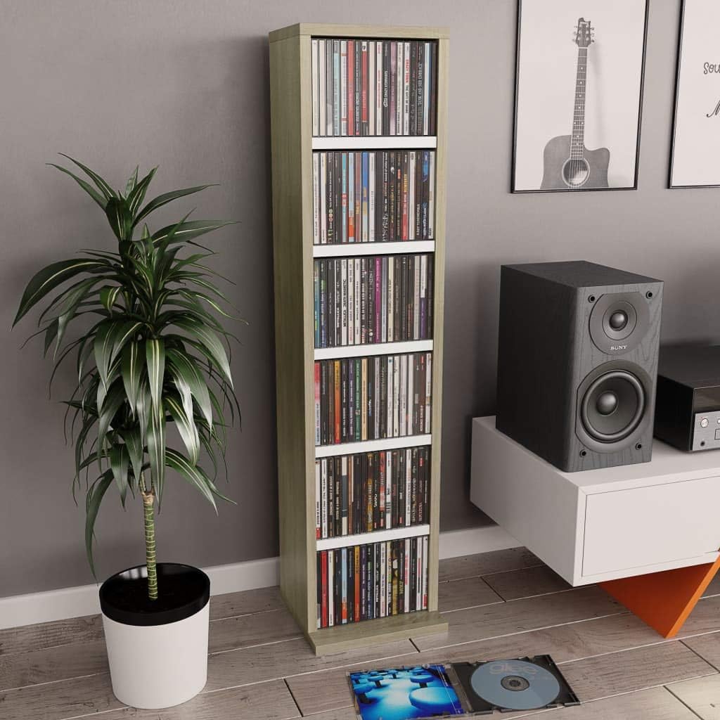 Keyur Media Cabinet, Media Storage Tower Cube Storage Shelf CD Cabinet White and Sonoma Oak 8.3