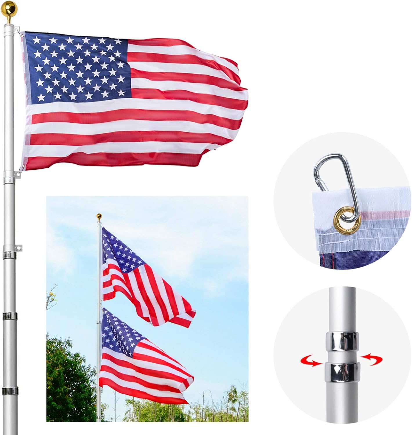 AKTOP 25FT Telescoping Flag Pole Kit, Black Extra Thick Heavy Duty Aluminum Flagpole Fly 2 Flags, Inground Telescopic Flag Poles with 1 USA Flag & 2 Balls Top for Yard, Residential or Commercial