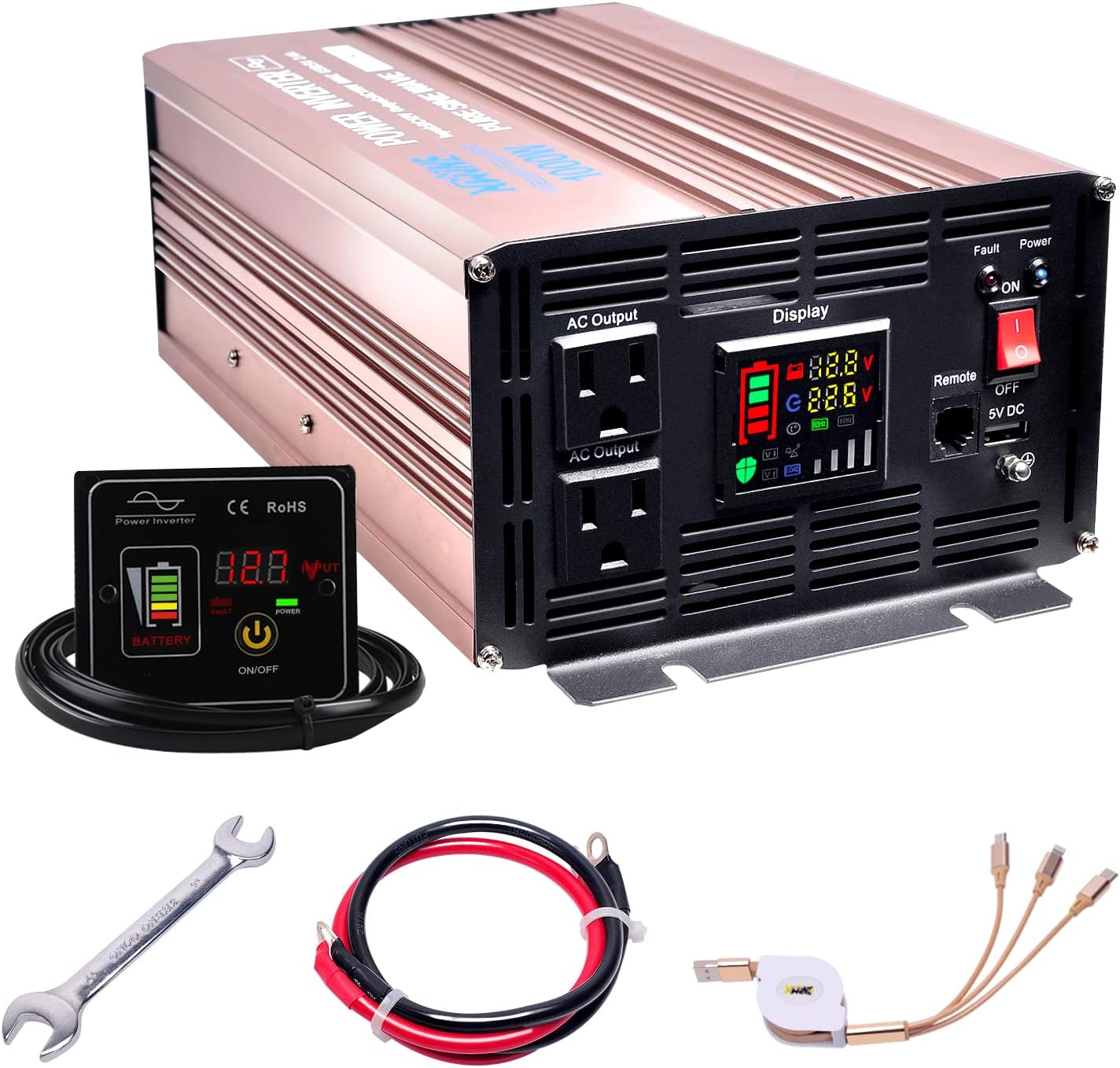 XWJNE 2000 Watts Power Inverter 12V to 110V Pure Sine Wave Car Plug Inverter Adapter Power DC to AC Converter with Remote Control and LED Display 4.2A USB Charging Ports & 3 AC Outlets Car Charger