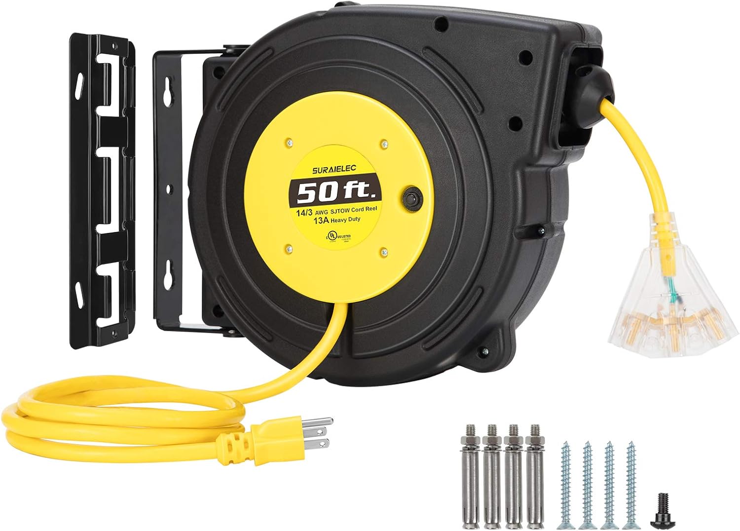 Suraielec 50 FT Extension Cord Reel, 14 Gauge Retractable Extension Cord, SJTOW 14 AWG/3C Heavy Duty Power Cord, 13 AMP Circuit Breaker, Lighted Triple Tap, Ceiling or Wall Mount, UL Listed…