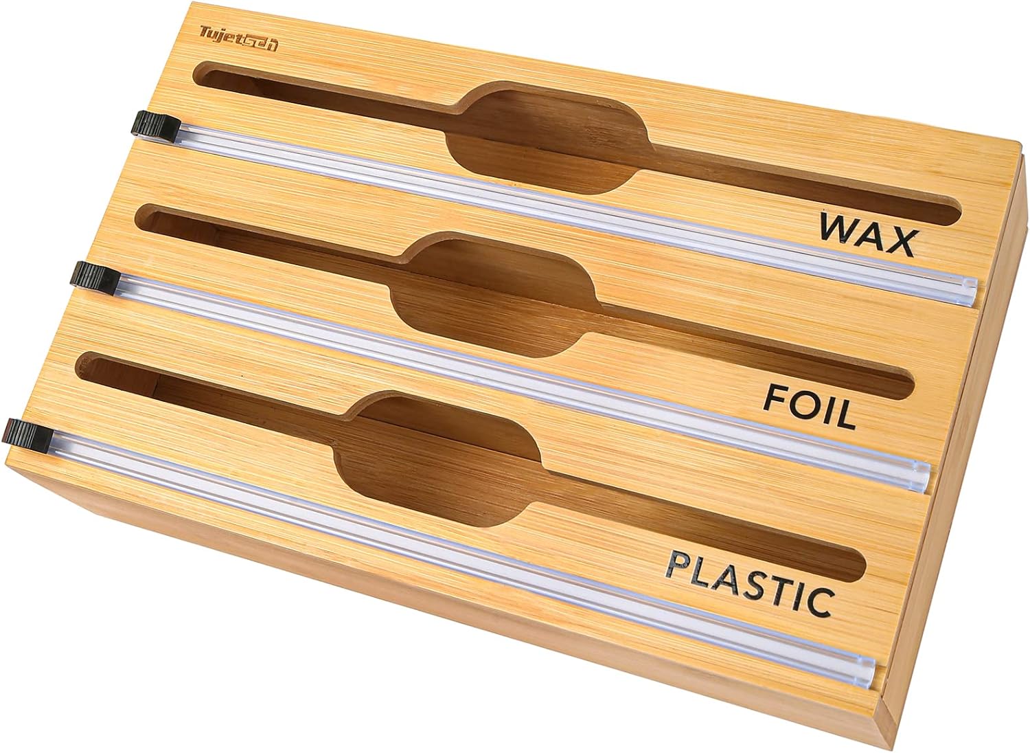 3 in 1 Wrap Dispenser with Cutter and Labels, Plastic Wrap, Aluminum Foil and Wax Paper Dispenser for Kitchen Drawer, Bamboo Roll Organizer Holder, Compatible with 12