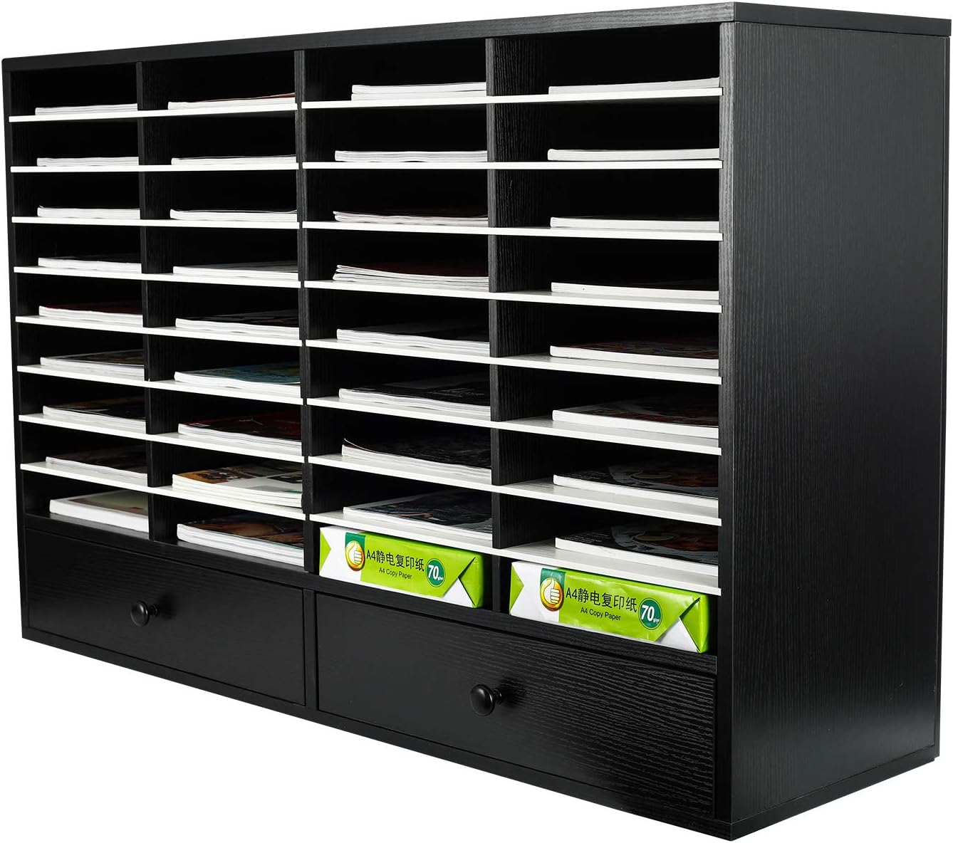 PAG Wood Literature Organizer Adjustable File Sorter Mail Center Magazine Holder Paper Storage Cabinet Classroom Keepers Mailbox with 2 Drawers, 36 Slots, Black&White
