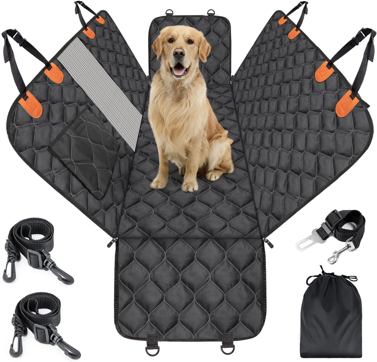 MIXJOY Dog Car Seat Cover, Dog Seat Cover with Mesh Window, Dog Hammock for Car with Storage Pocket, Car Seat Covers for Dogs Safety with Seat Belt, Backseat Dog Cover Protector for Bench Trunk