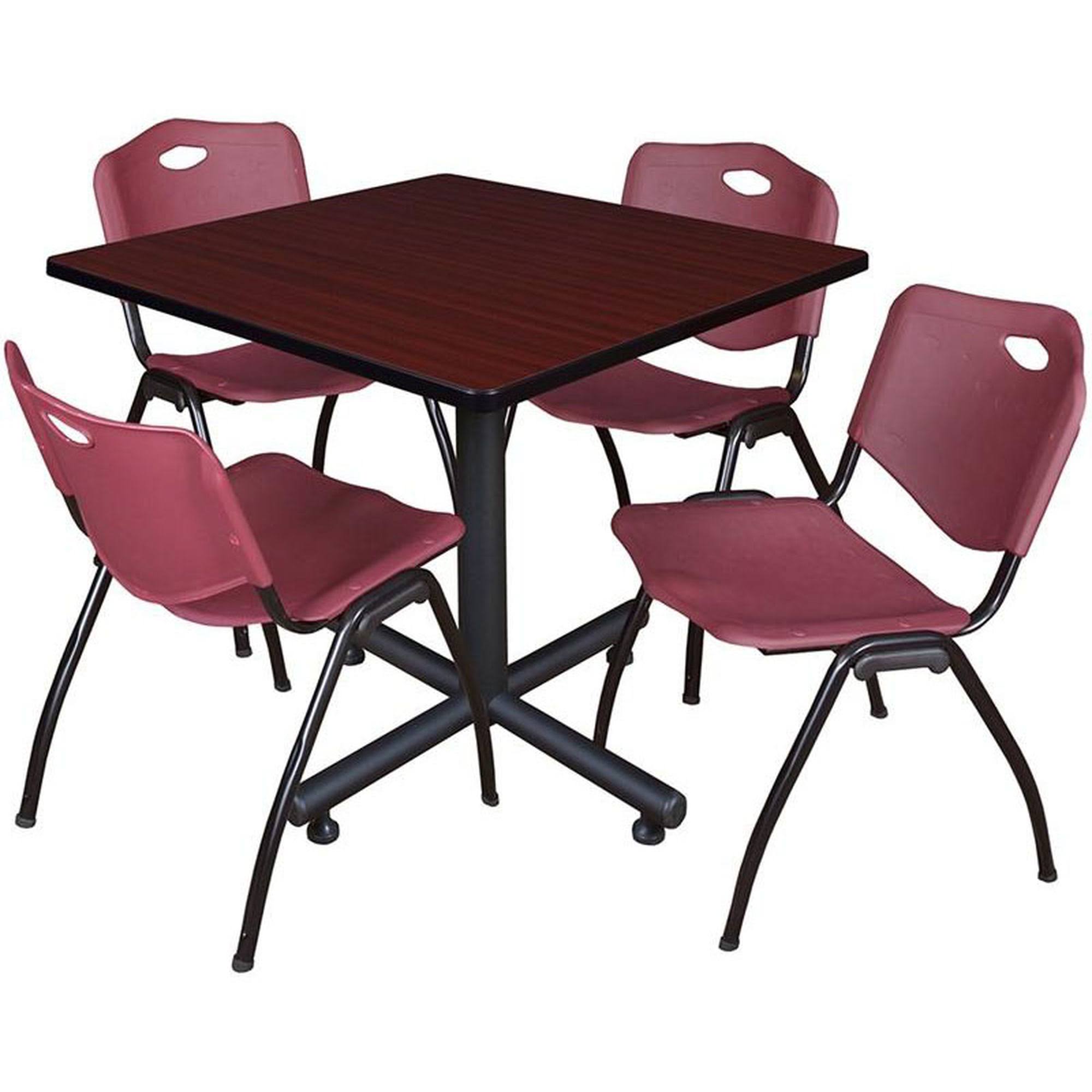 Regency Kobe 42x22 Square Breakroom Table- Mahogany u0026 4 &M& Stack Chairs- Burgundy