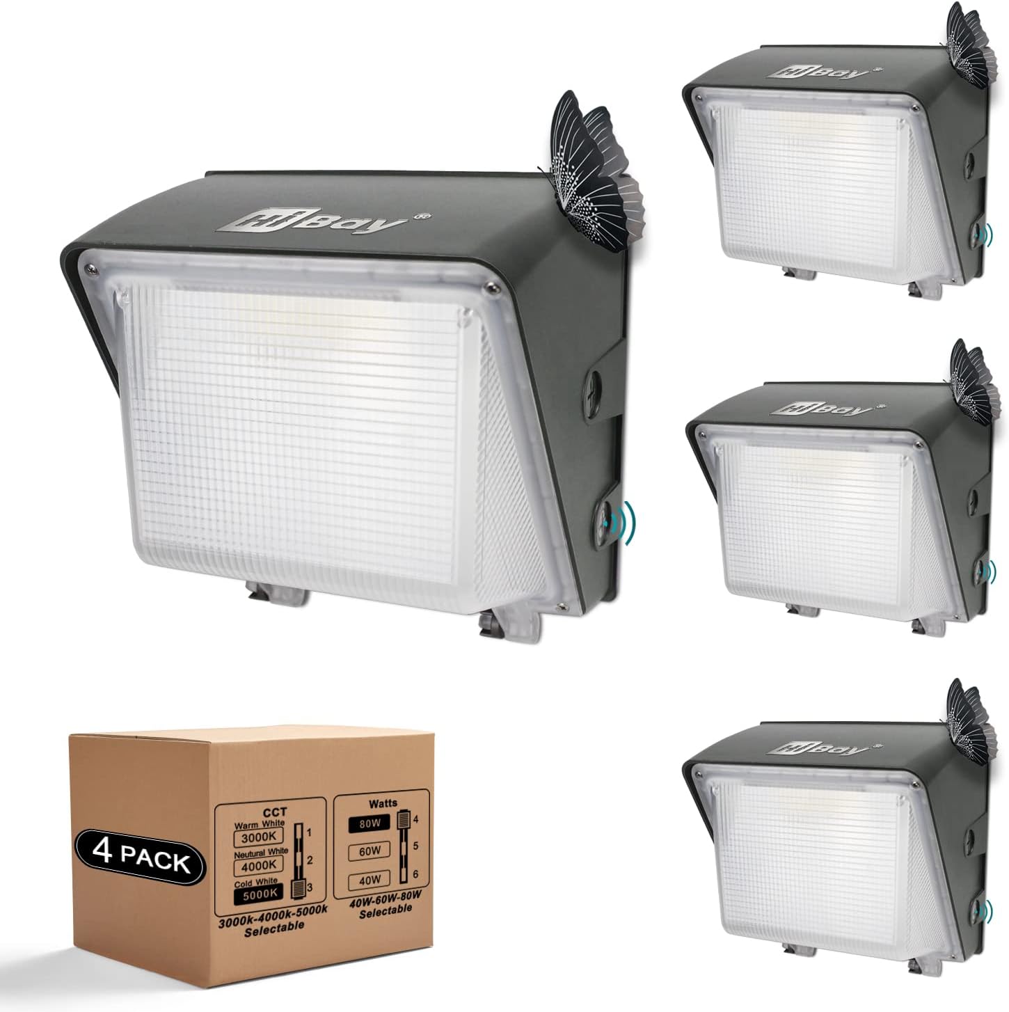 HiBay Outdoor LED Wall Pack Lights with Photocell Sensor, Commercial Security Lighting 80W 60W 40W and 5000K 4000K 3000K Selectable Dusk to Dawn Wall Light Fixtures IP65 for Garage Warehouse-4 Pack
