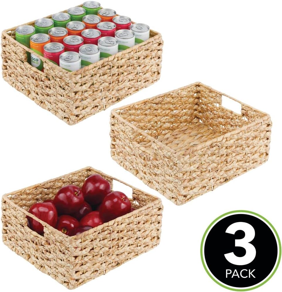 mDesign Water Hyacinth Braided Weave Kitchen Cabinet Pantry Basket with Built-in Chalkboard Label for Snacks, Produce, Vegetables, Pasta - Food Safe - 3 Pack - Natural Finish Pack of 2