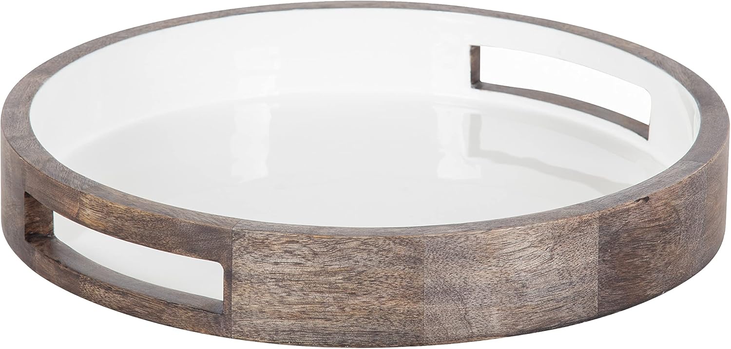 Kate and Laurel Ehrens Boho Wood Tray, 15 Inch Diameter, Natural and White, Round Accent Tray for Transitional Decor Pack of 2