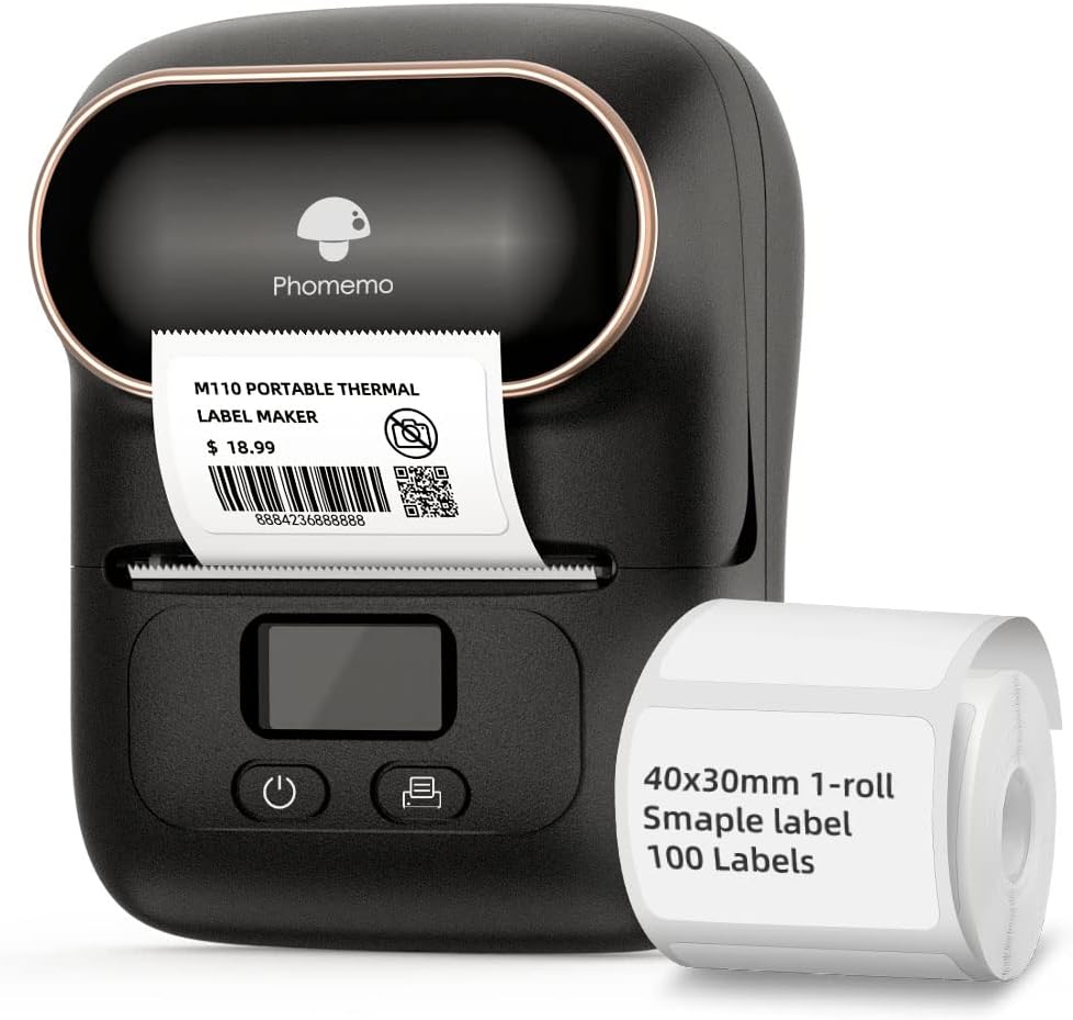 Phomemo M110 Label Printer - Pink Label Maker Mini Bluetooth Printer Apply to Labeling Logo, Cable, Retail, Barcode and More, Thermal Label Printer Compatible with Android & iOS, with 1 40×30mm Label Pack of 2