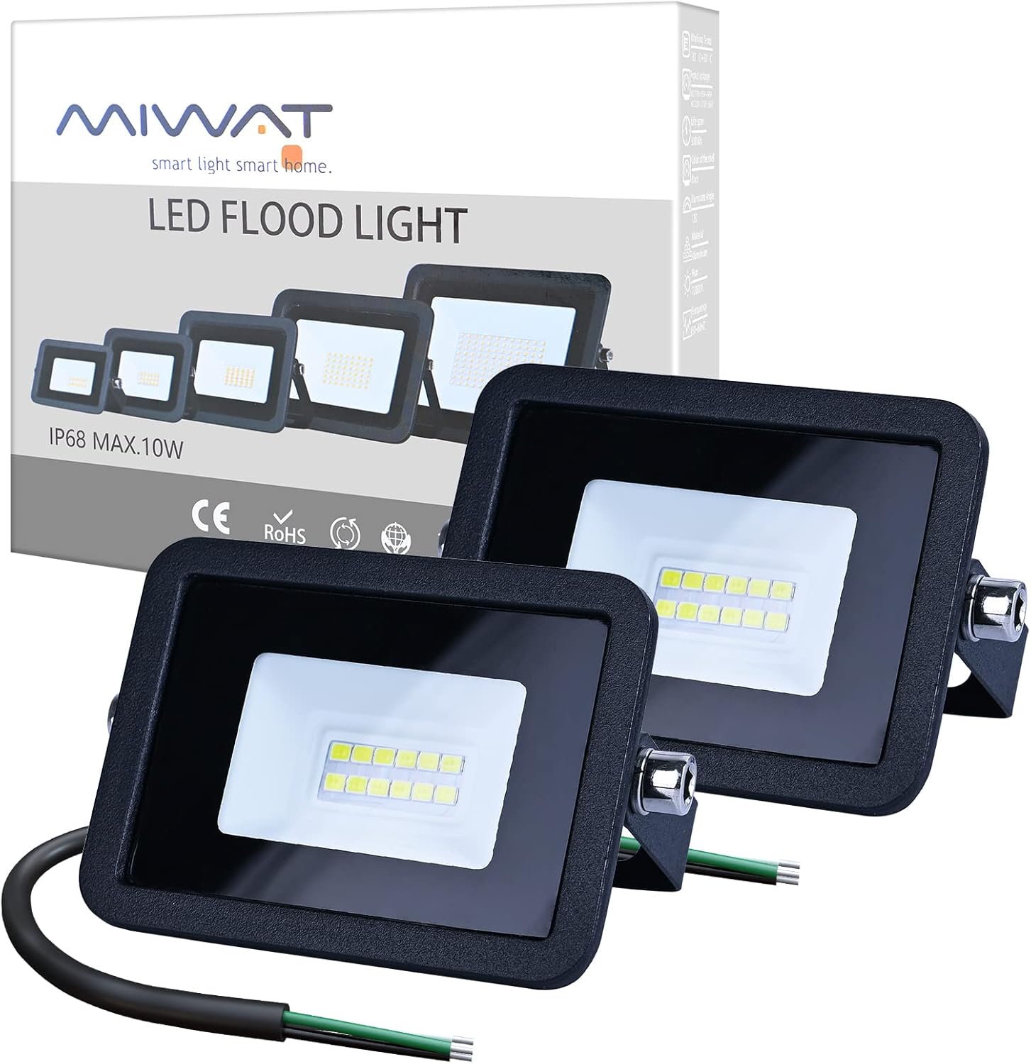 Miheal 110V( 2 Pack )10W LED Flood Light,Daylight White, IP68 Waterproof Super Bright Security Lights, Outdoor Floodlight for Yard, Garden, Playground, Basketball Court [Energy Class A++]