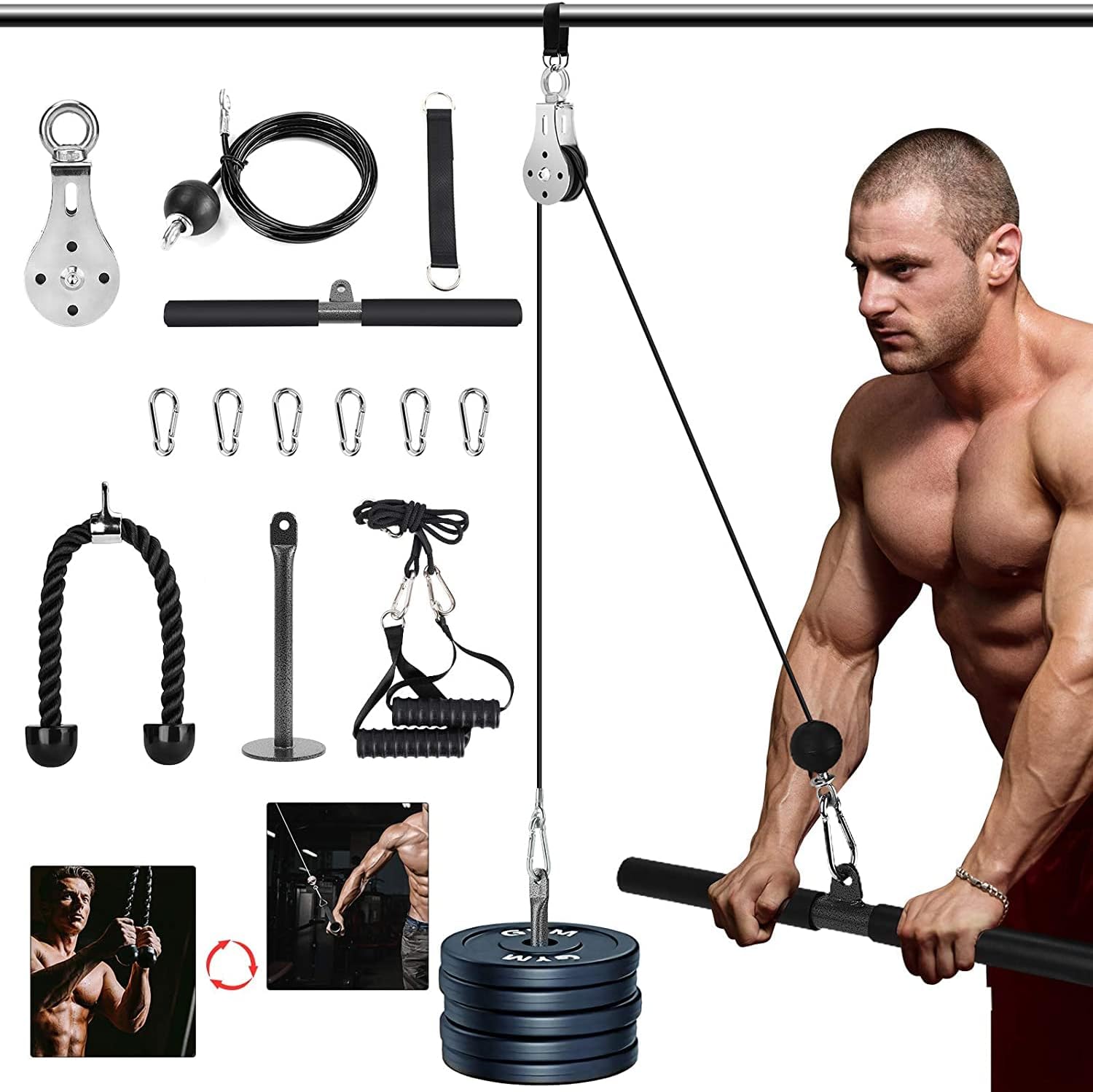 Elikliv 3in1 Pulley Cable, Home Cable Pulley System, Weight Pulley 2.0Meters, with Straight Bar, Band Handles Grips, Nylon Tricep Rope, 3parts Acessories Exchange for Home Gym