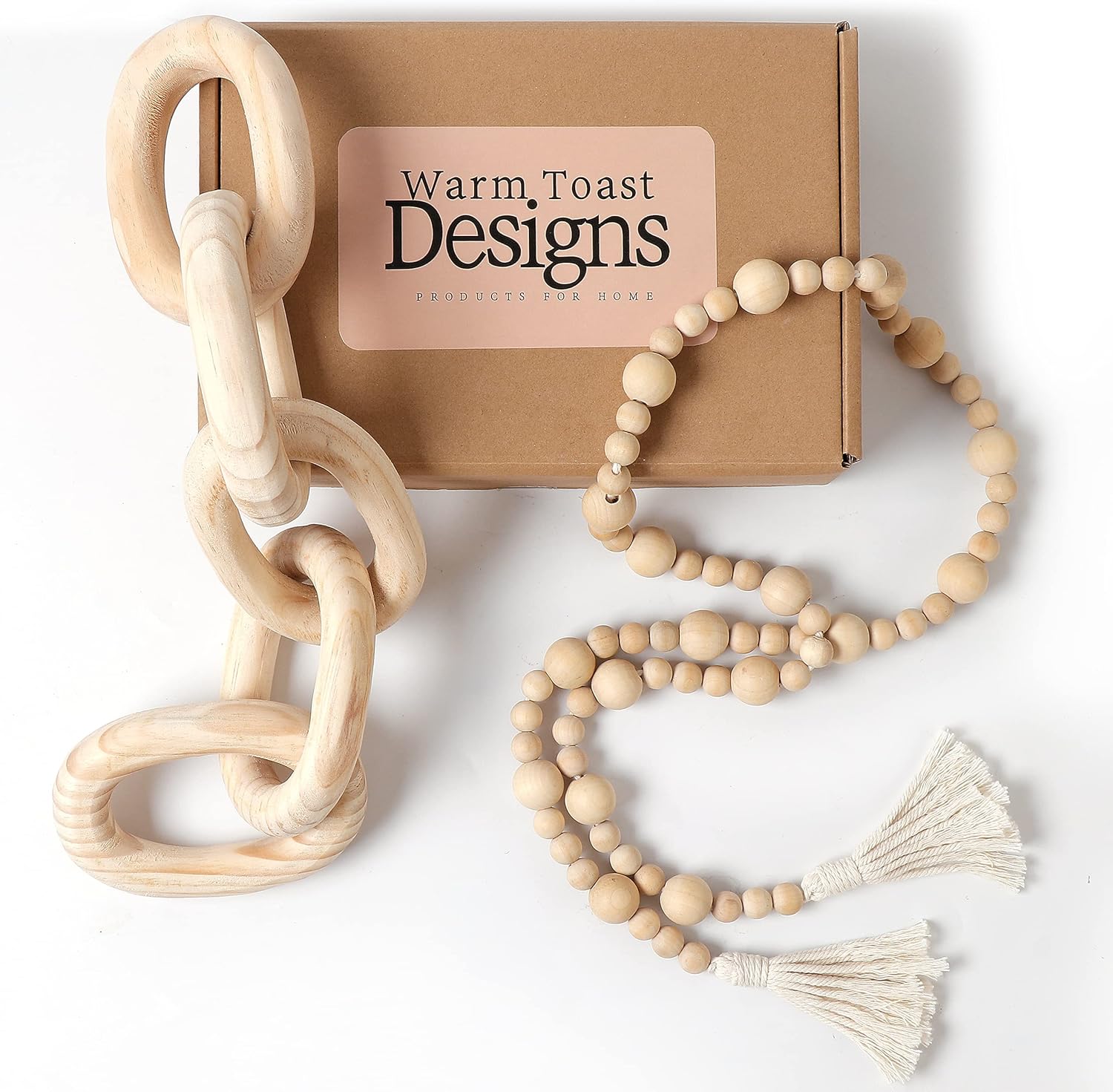 Warm Toast Designs - Wood Chain Link Decor with Bonus Wooden Beads Garland - A Wood Chain - Decorative Chain Makes a Gorgeous Addition to Shelf Decor Accents or Table Accents Decor at Home