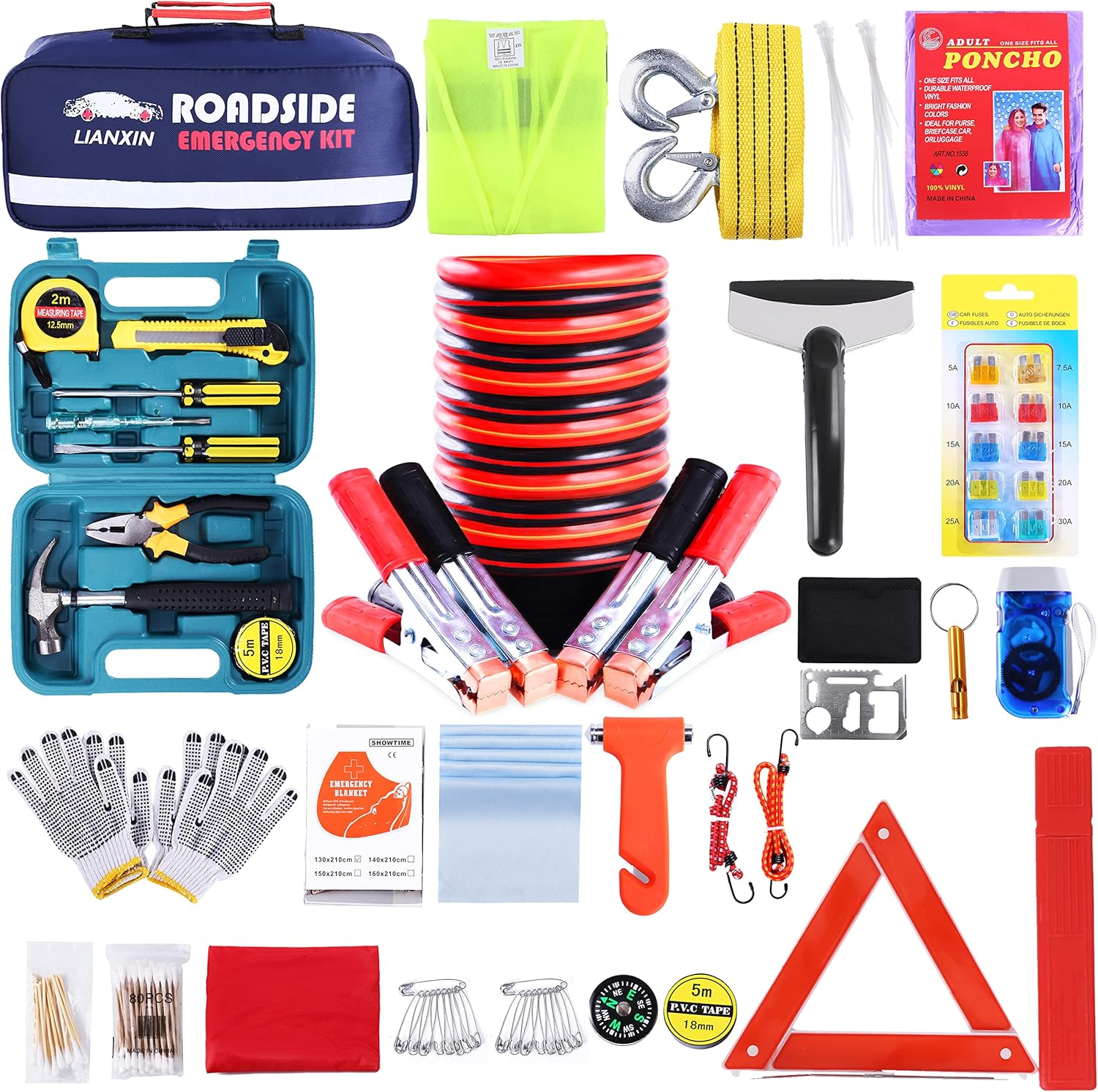 LIANXIN Roadside Assistance Emergency Kit - Multipurpose Emergency Pack Car Premium Road Kit Jumper Cables Set (8.2 Foot) Automotive Roadside Assistance 142 Pieces car Safety kit,Tow Strap,Tool Kit