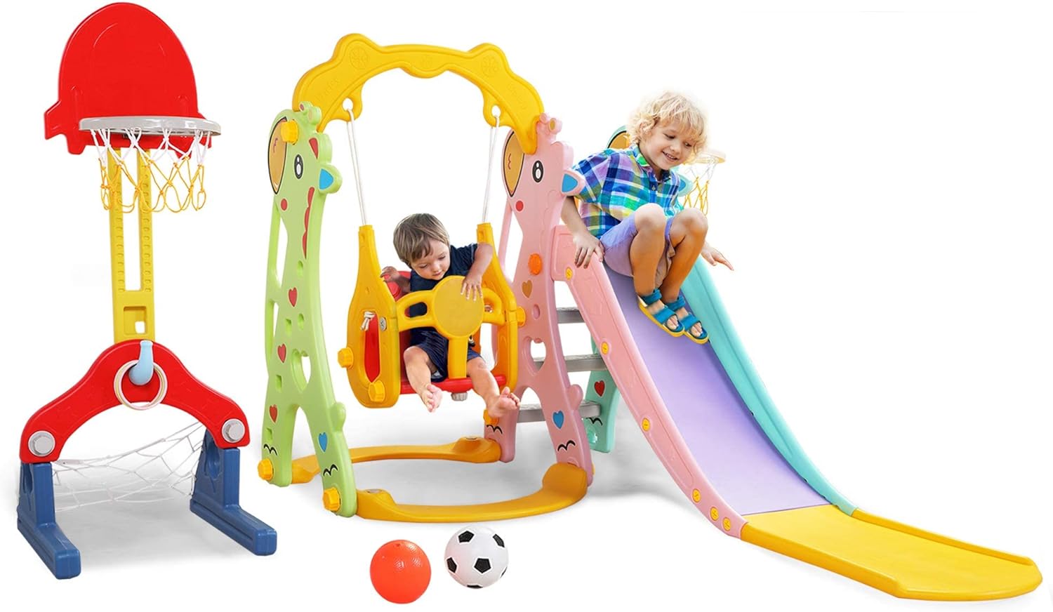 JAXPETY 5 in 1 Toddler Slide and Swing Set, Kids Climber Activity Center Playset with Basketball & Rim, Football & Goalmouth and Balls for Indoor Outdoor Use (Multicoloured Giraffe)