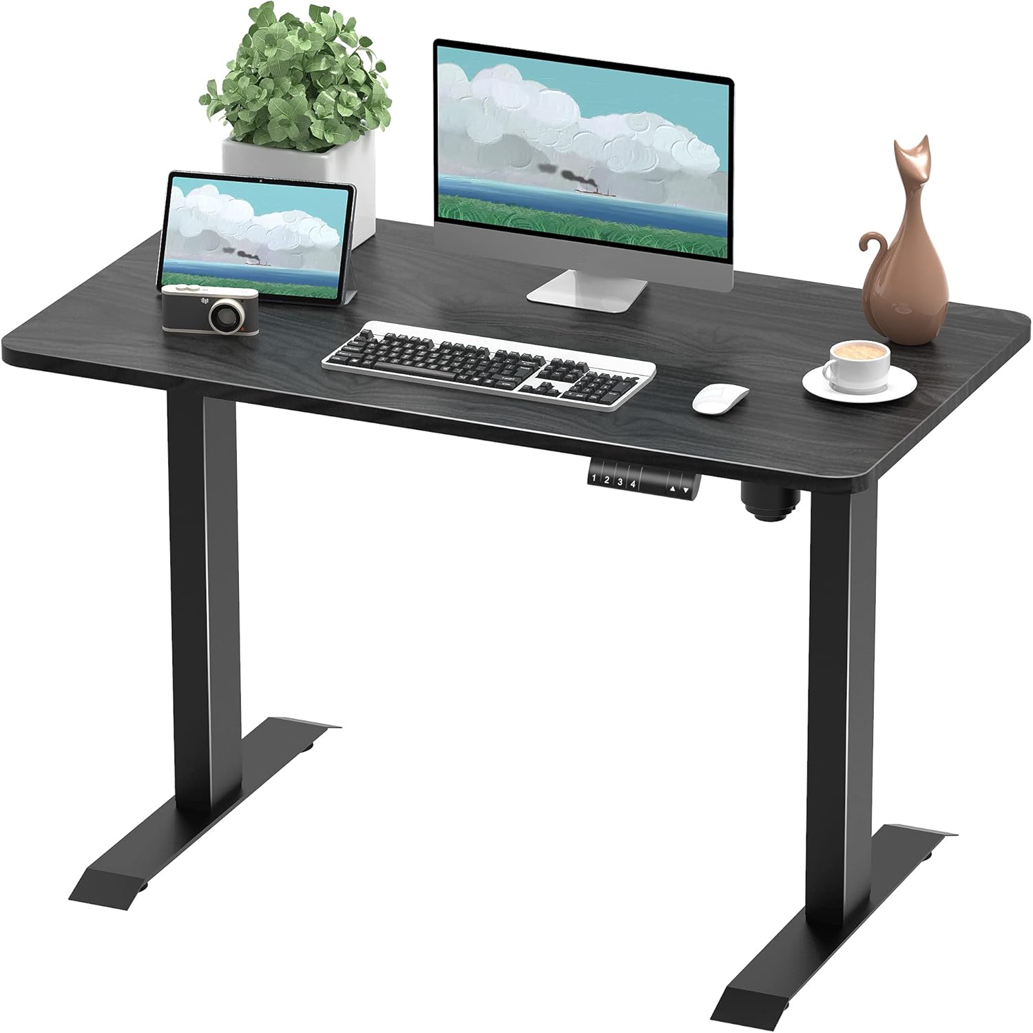 JUMMICO Electric Standing Desk Height Adjustable Desk Office Computer Desk Memory Preset Stand Up Home Workstation T-Shaped Metal Bracket with Wood Tabletop (Black, 44 Inch)