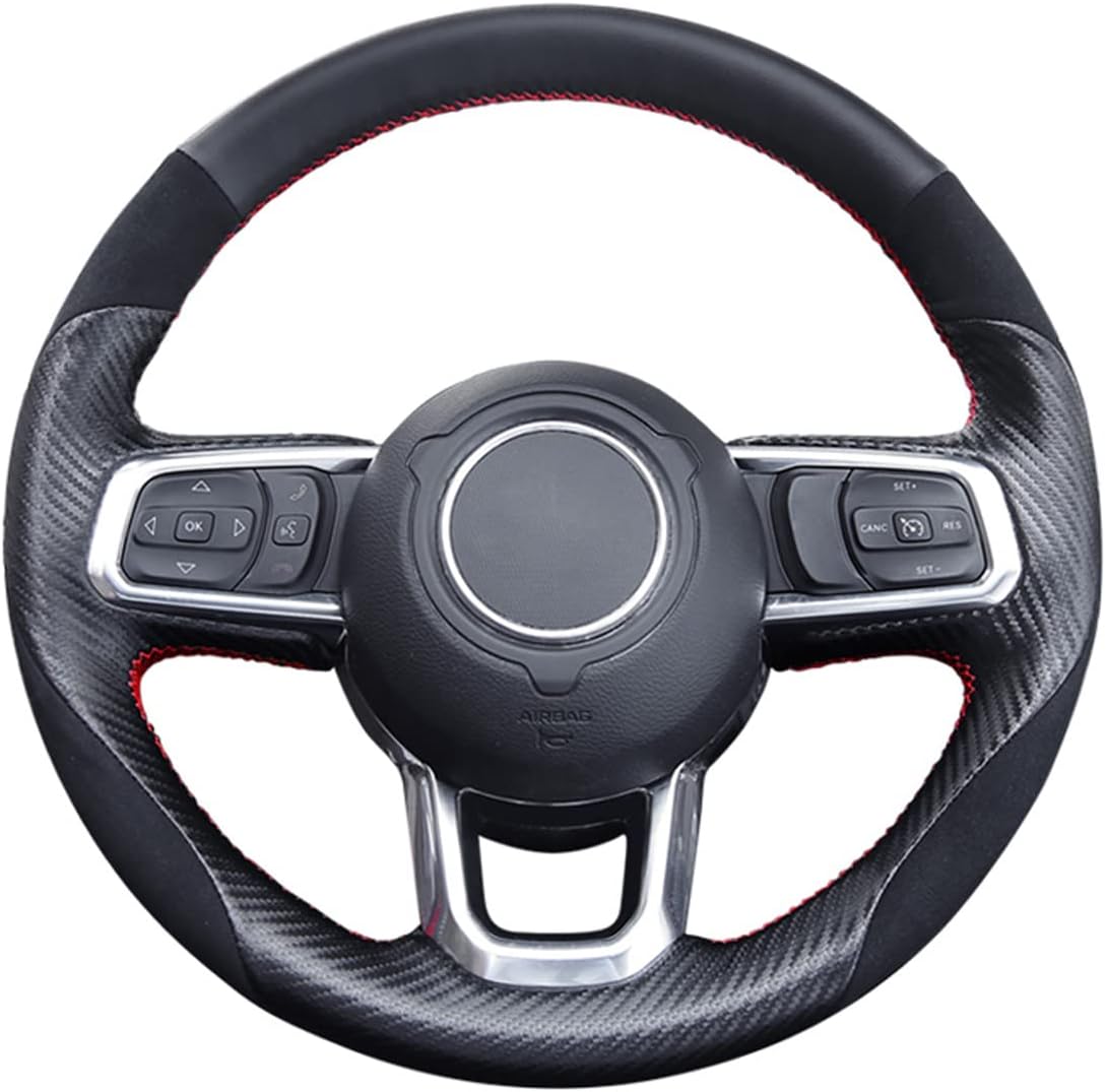 Hand-Sewing Steering Wheel Wrap Cover Black Suede/Matte Carbon Fiber Interior Protection Accessories for Jeep Wrangle 2018-2022 Jeep Gladiator 2020-2022 (Black Carbon Fiber)