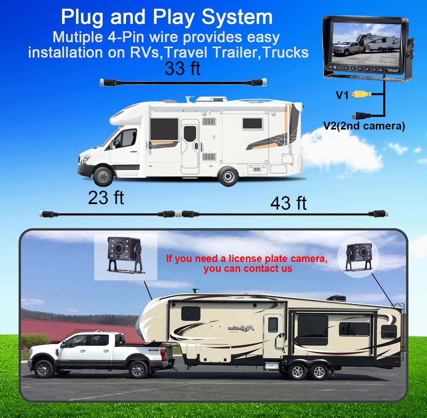 RV Backup Camera 7''LCD Monitor HD 1080P 2 Wired Rear View Cameras 30 Mins DIY Installation Adapter for Furrion Pre-Wired RV Truck Trailer Camper Infrared Night Vision Waterproof DoHonest P13