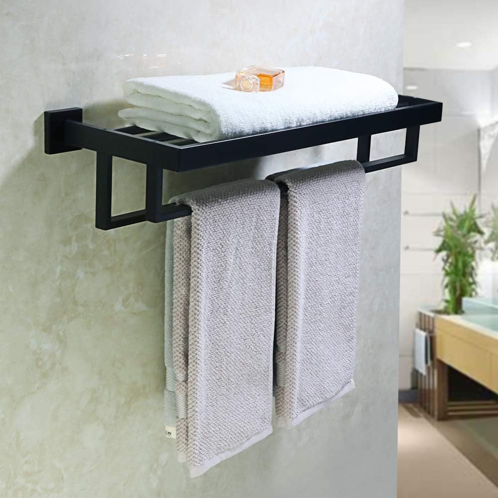 Alise Bathroom Lavatory Towel Rack Towel Shelf with 2 Towel Bars Wall Mount Towels Storage Holder,GOY8002-B 24-Inch SUS 304 Stainless Steel Matte Black Finish Pack of 2