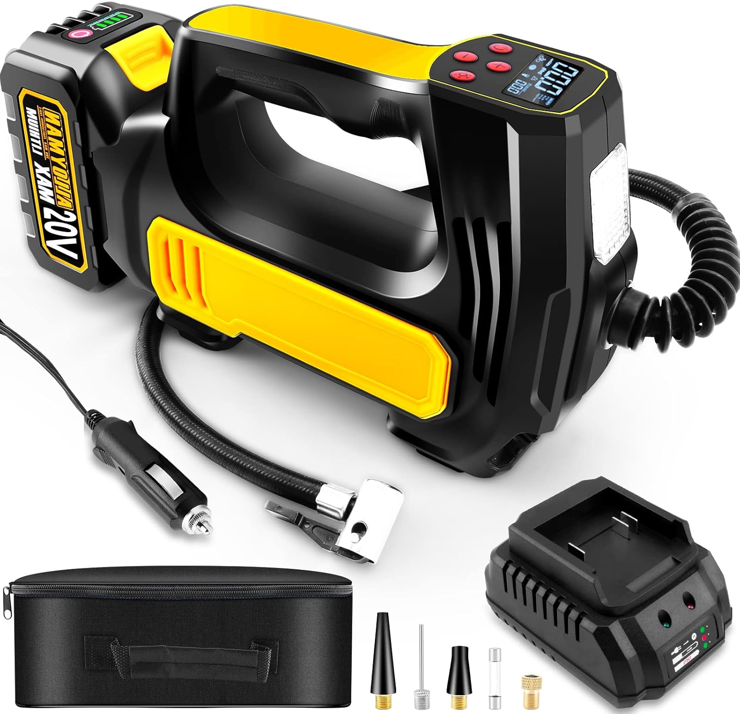 Tire Inflator Air Compressor Portable, 20V Cordless Tire Pump 150PSI Rechargeable Li-ion Battery with Digital Pressure Gauge 12V Car Power Adapter and Quick Charger Pack of 2