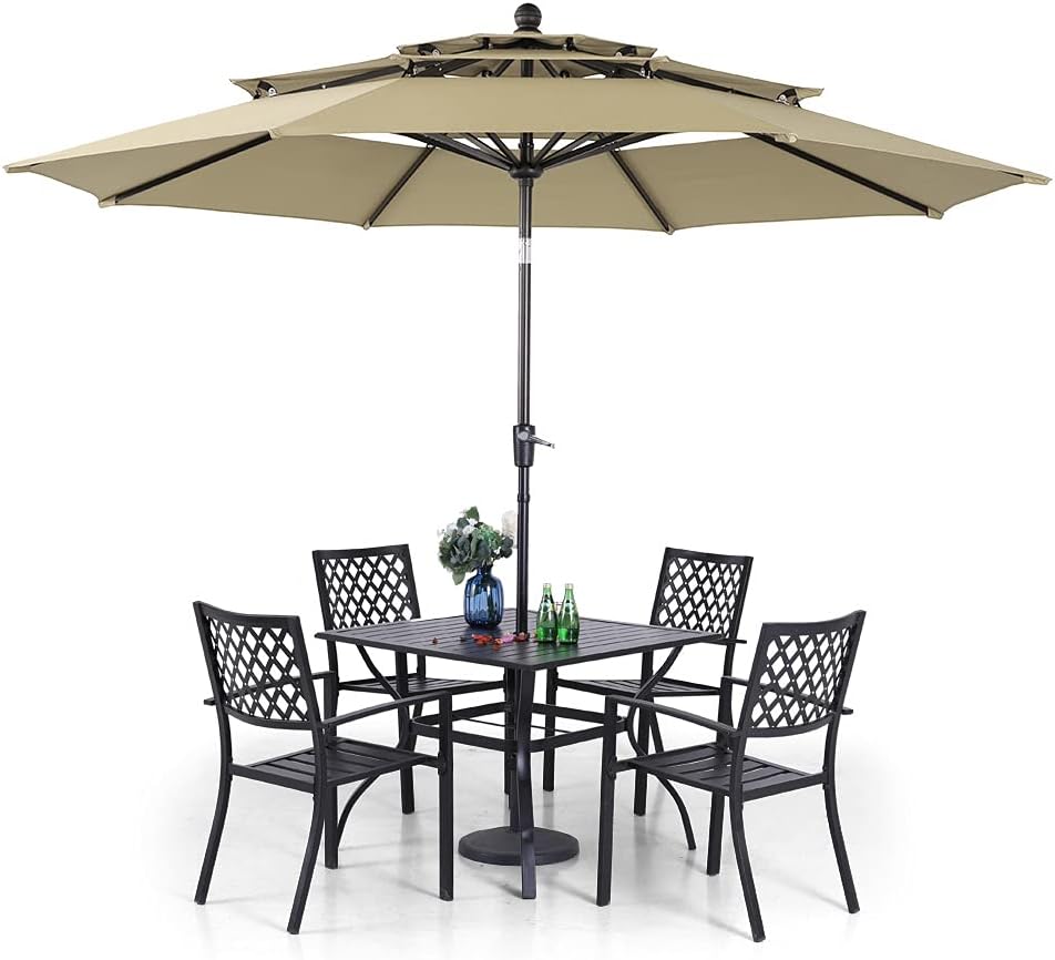 PHI VILLA Patio Dining Set 6 Piece with 4 Metal Outdoor Stackable Chairs, 1 Square Metal Table and 10ft 3 Tier Umbrella(Navy Blue), Outdoor Table Furniture Set for Patio, Deck, Poolside