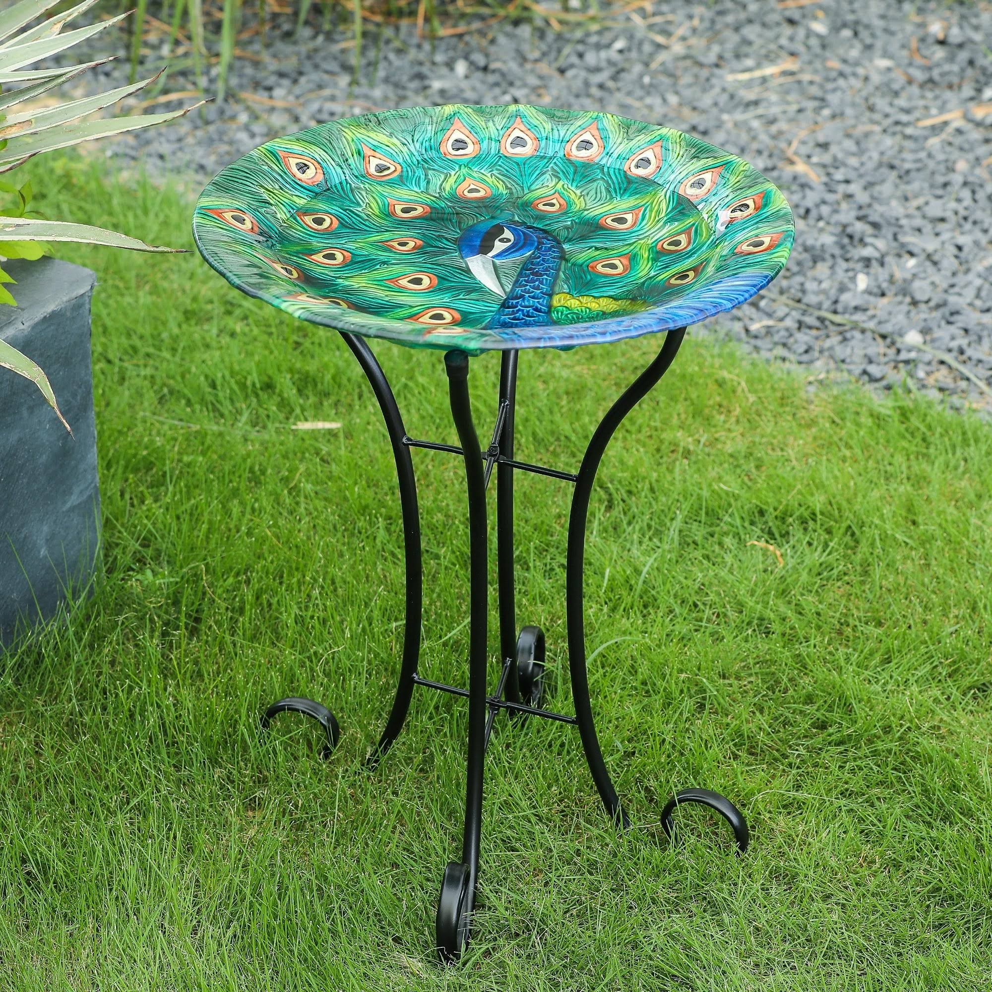 LuxenHome Peacock Glass Bird Bath with Metal Stand