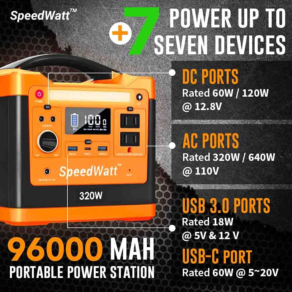 SpeedWatt Neon Orange Portable Power Station, 298 Wh/96000 mAh Compact Backup Lithium Battery for Outdoors Travel Camping Emergency Blackout, 110V/320W AC USB Type-C 60W PD (Solar Panel Not Included)