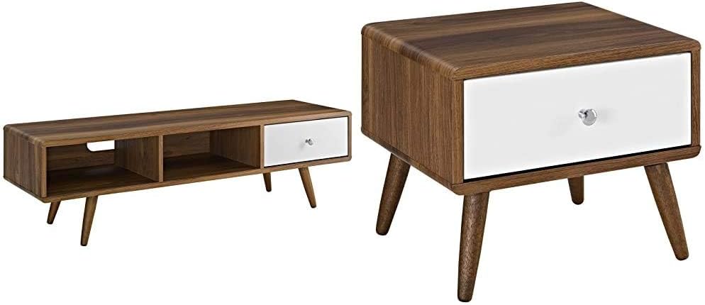Modway Transmit Mid-Century Modern Low Profile 55 Inch TV Stand in Walnut & Transmit Mid-Century Modern Nightstand or Side Accent Table in Walnut