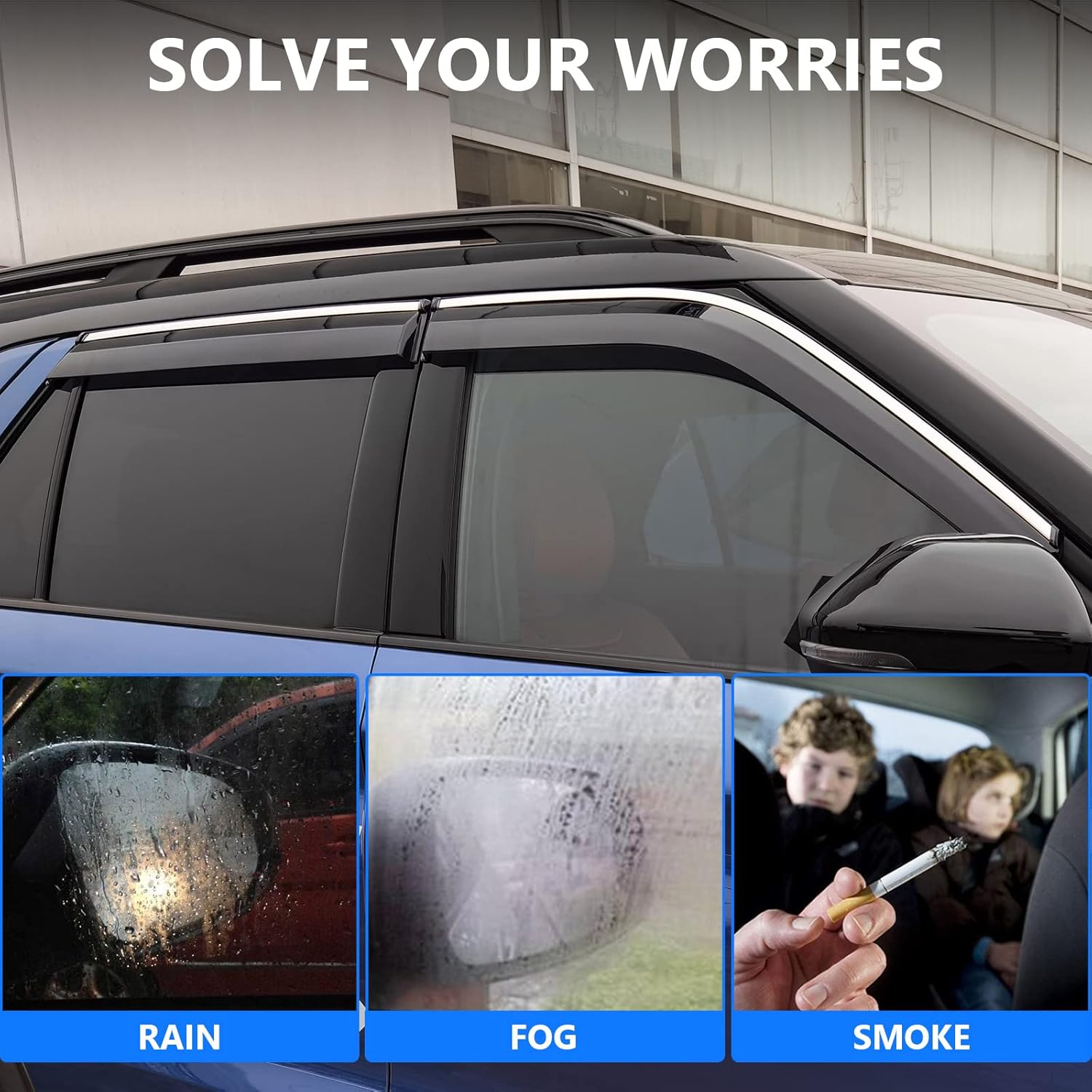 powoq Fit 2020-2022 Ford Explorer Window Rain Guards Window Visor Ventvisor Tape-on Vent Visor Side Window Deflector for Ford Explorer Accessories 2020 2021 2022, with Silver Strip