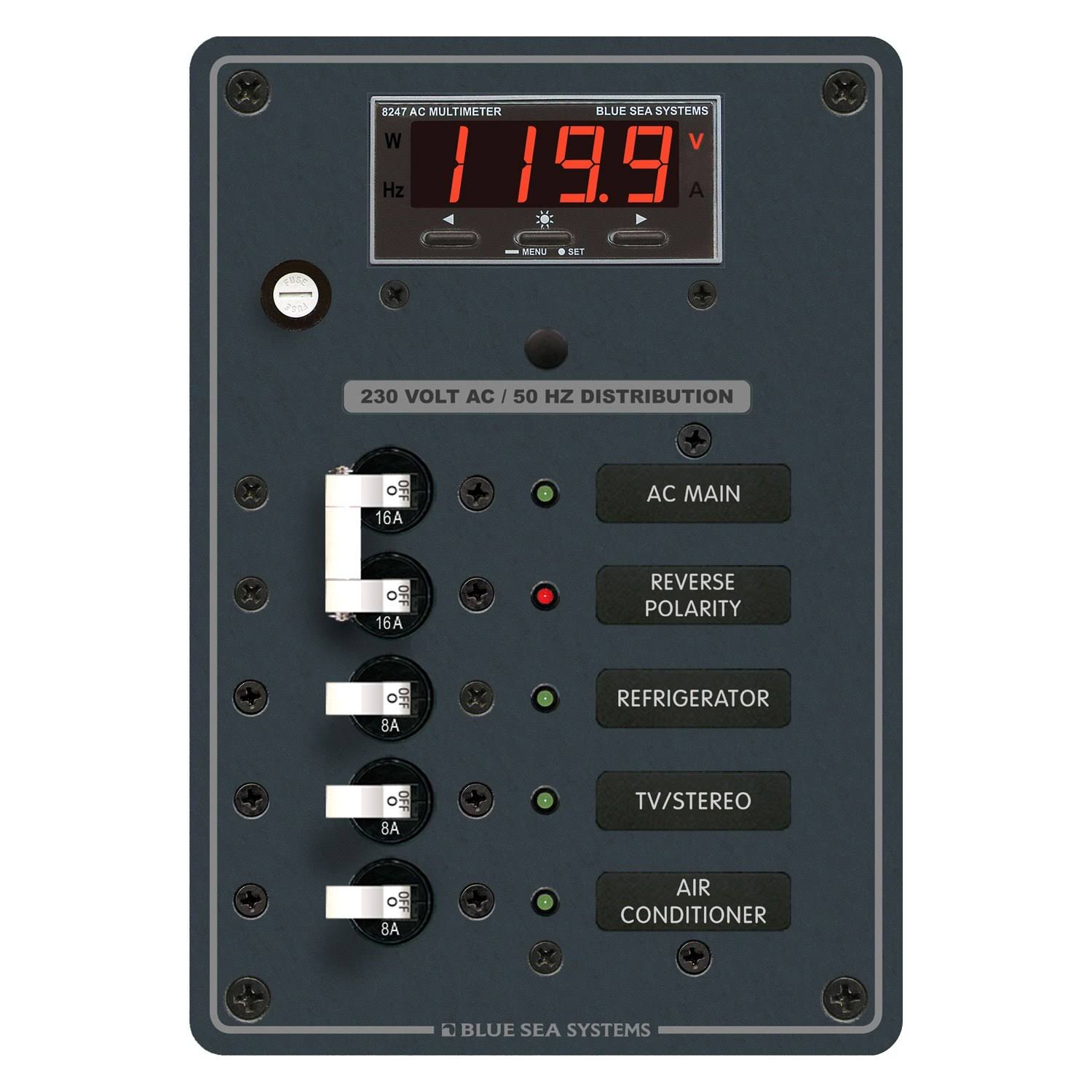 Blue Sea 8505 AC Main + Branch A-Series Toggle Circuit Breaker Panel (230V) - Main + 3 Position