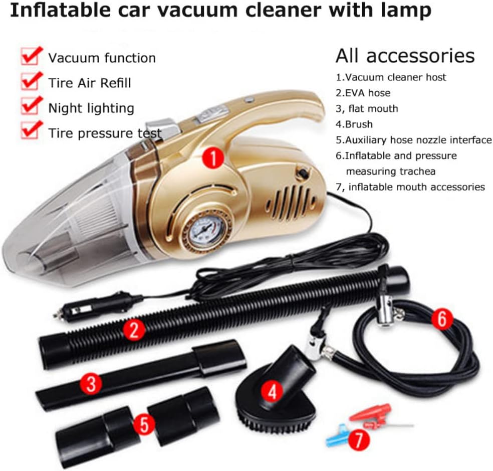 Z-1 4-in-1 Handheld Car Vacuum Cleaner - Tire Inflator with Pressure Gauge & LED Light - Corded Wet and Dry Car Cleaning Kit with 120w High Power Motor, Gold, 36x16.5x11.5 CM