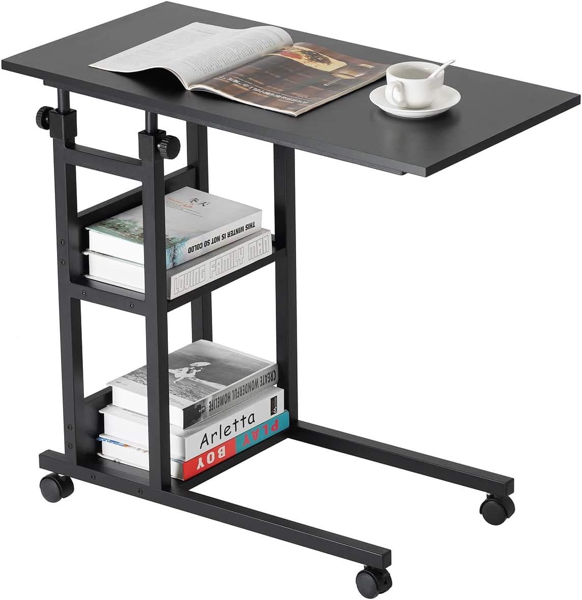 BAOLEJIA Couch Table Sofa Side Table, Adjustable C Shaped End Table with 3-Tier Storage Shelves for Sofa Couch, Mobile Desk with Wheels, Easy Assembly - Black