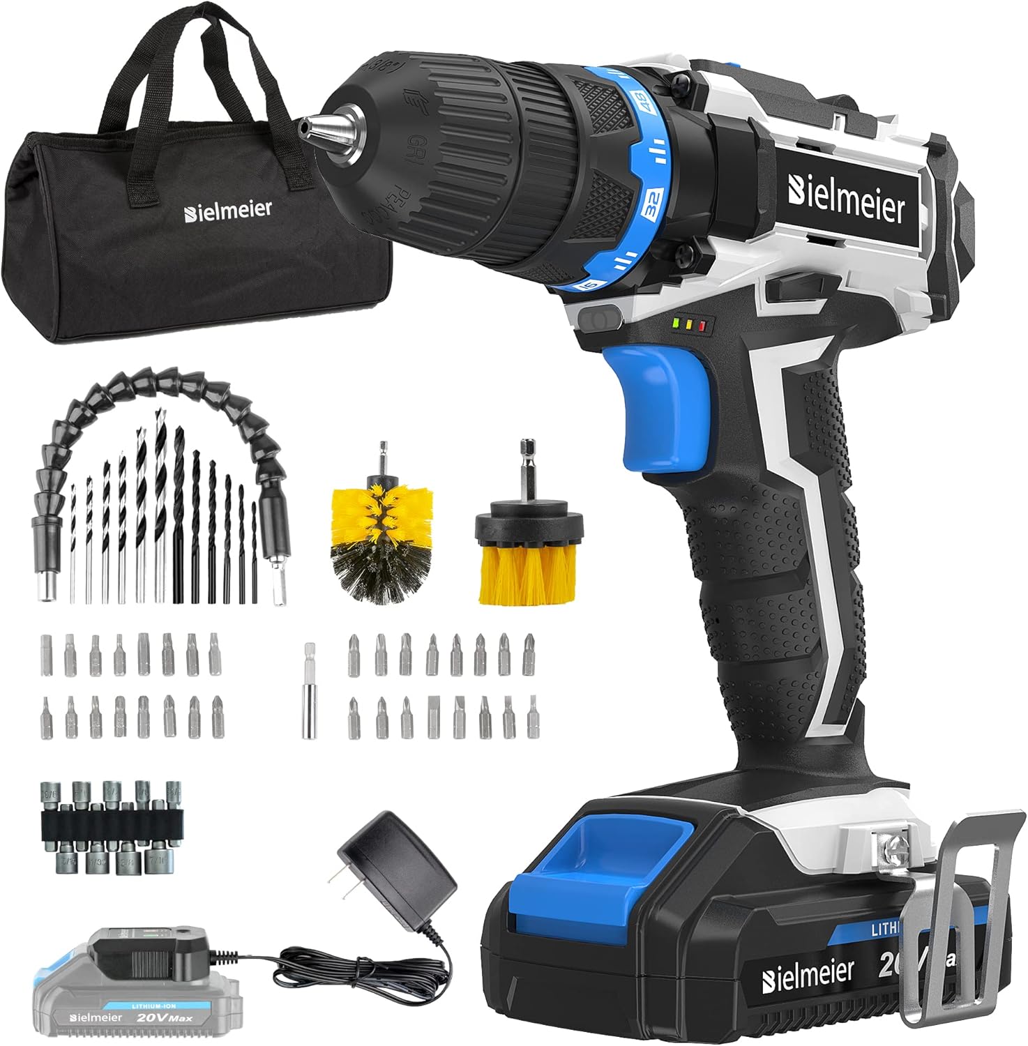 Bielmeier Cordless Drill Set, 20V MAX Lithium-Ion Power Drill Cordless, Electric Drill with Variable Speed, LED and 58pcs Drill Bits (BCDK-58) Pack of 2