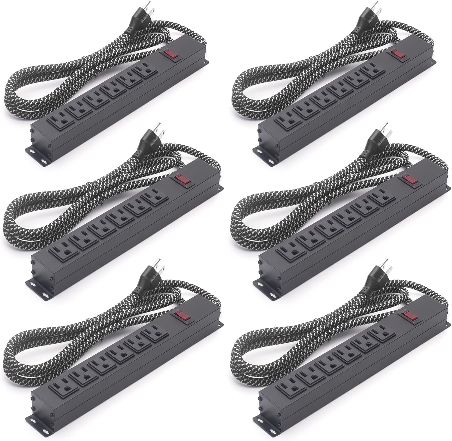 Metal Power Strip 6/10/12 Outlets Black Surge Protector Long Extension Cord Braided 6 FT with Switch (6 Outlets-6PACK)
