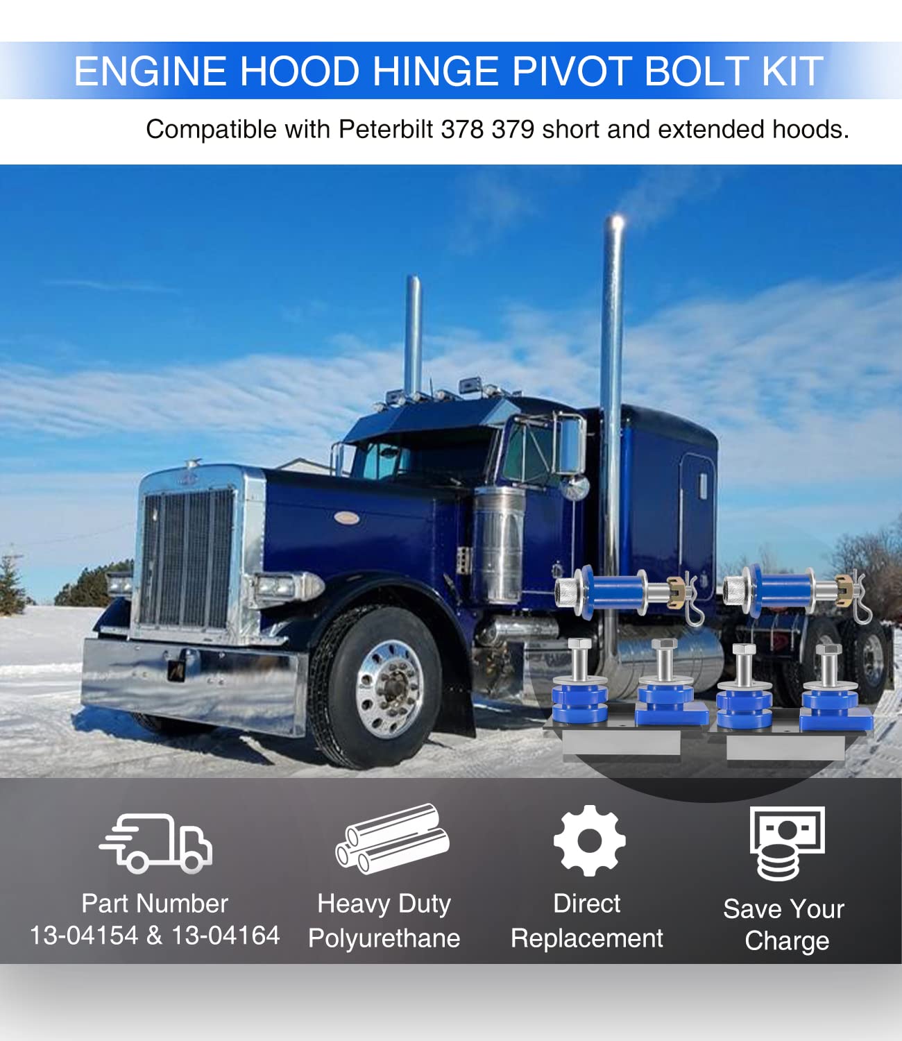 Engine Hood Hinge Pivot Bolt Kit for Peterbilt 378 379, Bushing and Mounting Bolt Kit Accessories, P/N 13-04154, 13-04164; ATRO HM75-66154, HM75-66164; 3-15273, 13-04726, 13-04727