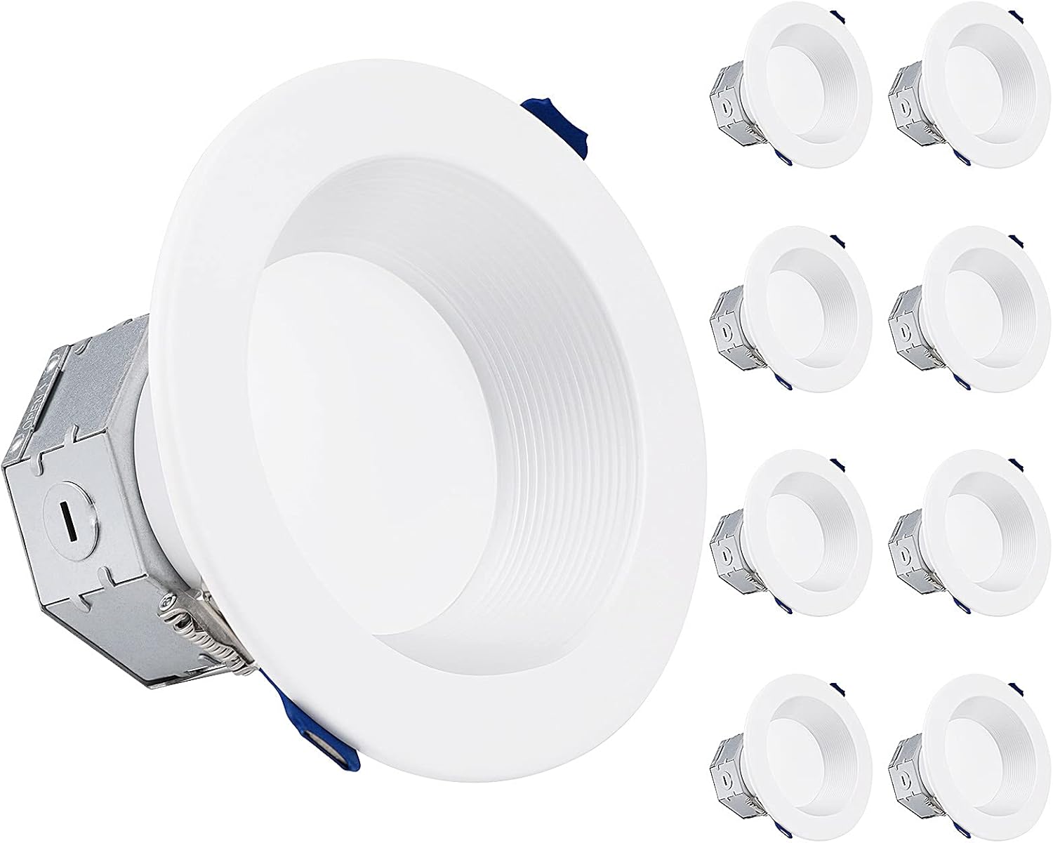 TORCHSTAR 8-Pack 4 Inch LED Recessed Lighting with Junction Box, Wet Location Baffle Trim Downlight, 10W 750lm Dimmable, JA8, ETL & Energy Star Listed, Air Tight & IC Rated, 3000K Warm White Pack of 2