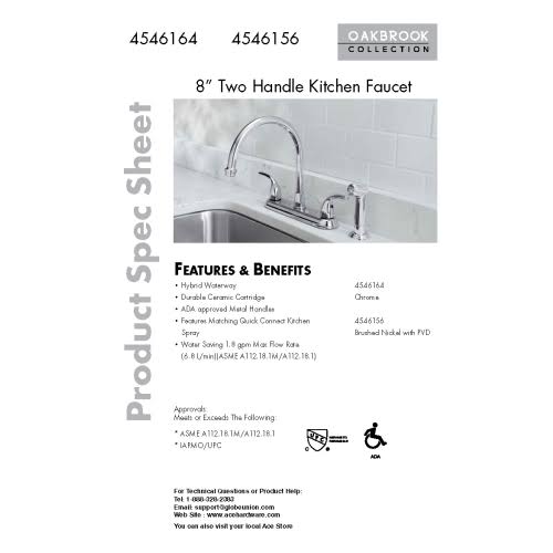 Oakbrook F8FA0001ND-ACA1 Pacifica Series Brushed Nickel Two Handle Kitchen Faucet Side Spray