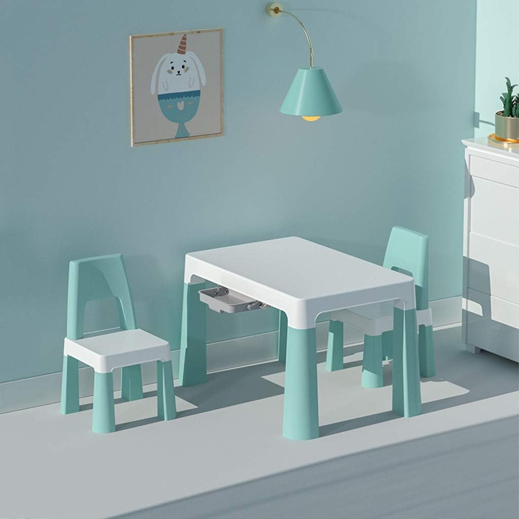 Qazqa Kids Table and 2 Chair Set, Home School Use, Children Desk Furniture with Storage Drawer Rack for Toddlers Art Writing, Reading, Learning, Dining, Playroom Activity Gift for Boys & Girls (Blue)