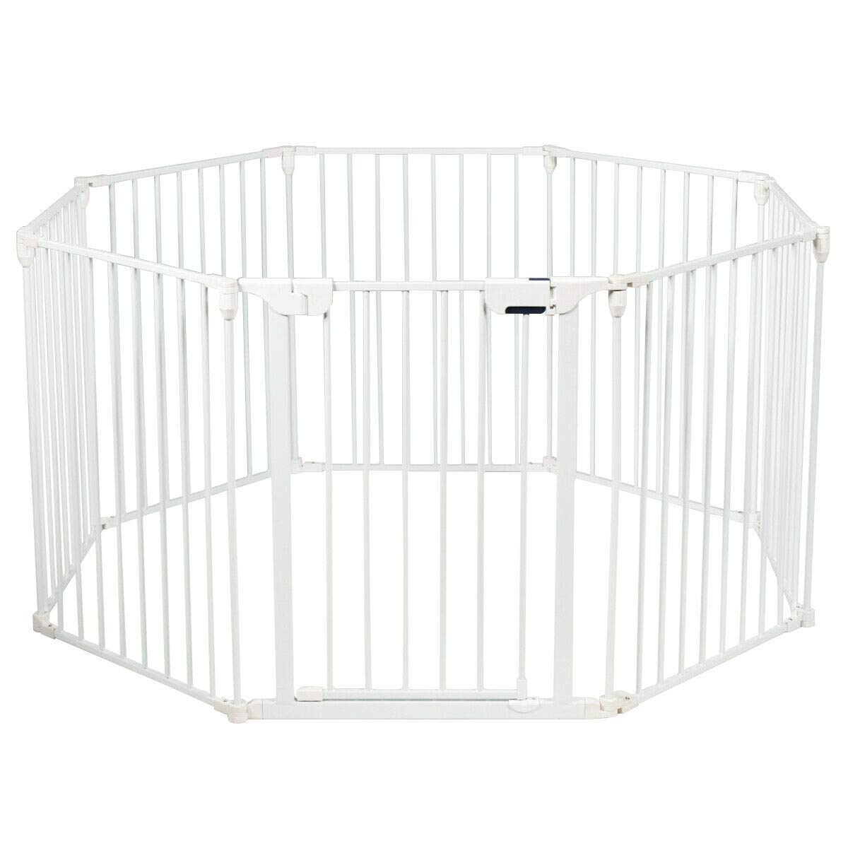 Costzon Baby Safety Gate, 8-Panel Fireplace Fence, Foldable Pet Gates Extra Wide for Easy with Add/Decrease Panels, Portable Wide Barrier Gate with Multiple Shapes for Child & Pet (White, 8-Panel)