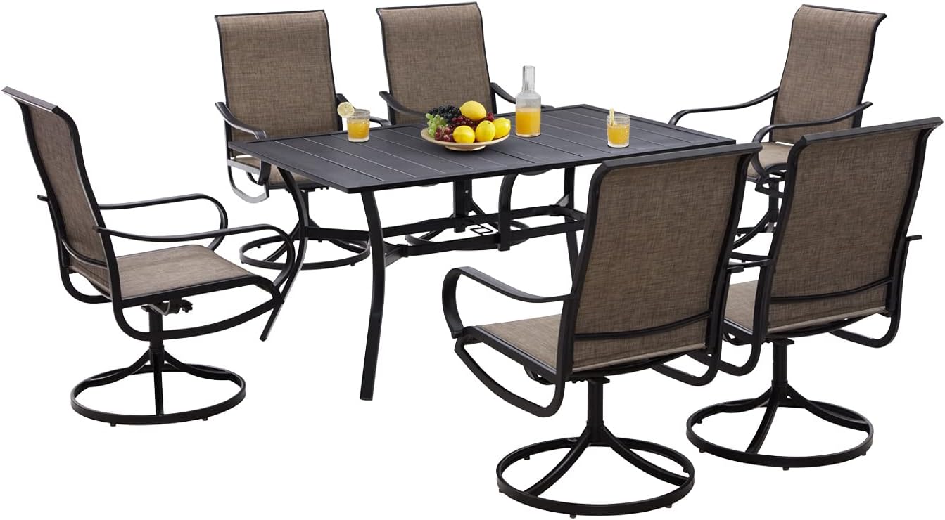 VICLLAX Patio Dining Set for 4, Textilene Swivel Dining Chairs and Square Dining Table with Umbrella Hole, Black
