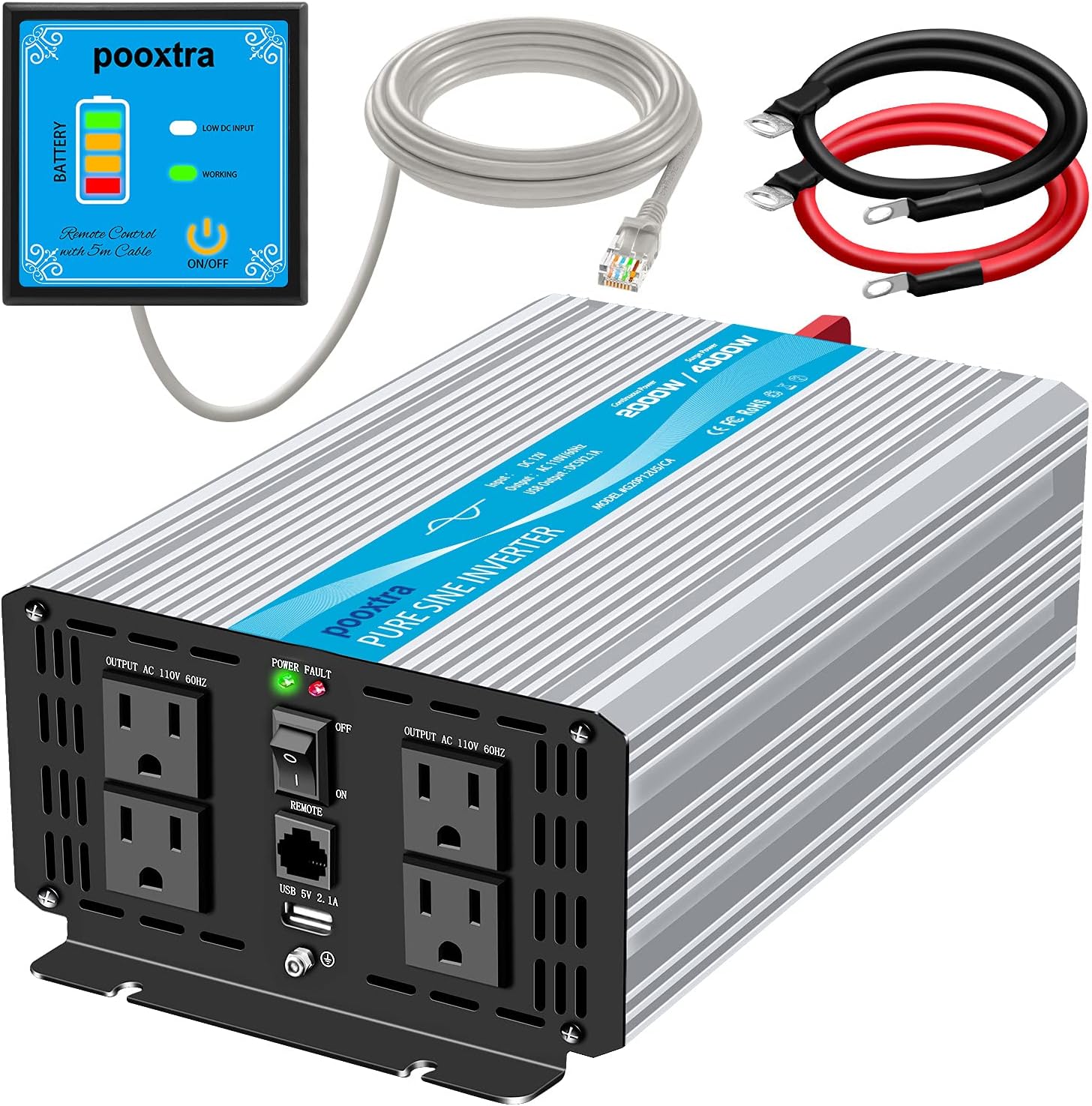 POOXTRA 2000 Watt Pure Sine Wave Inverter DC 12V to 110V Power Inverter with 4 AC Outlets ,2.1A USB Ports and 16.4ft Remote Control(4000W Peak Power)